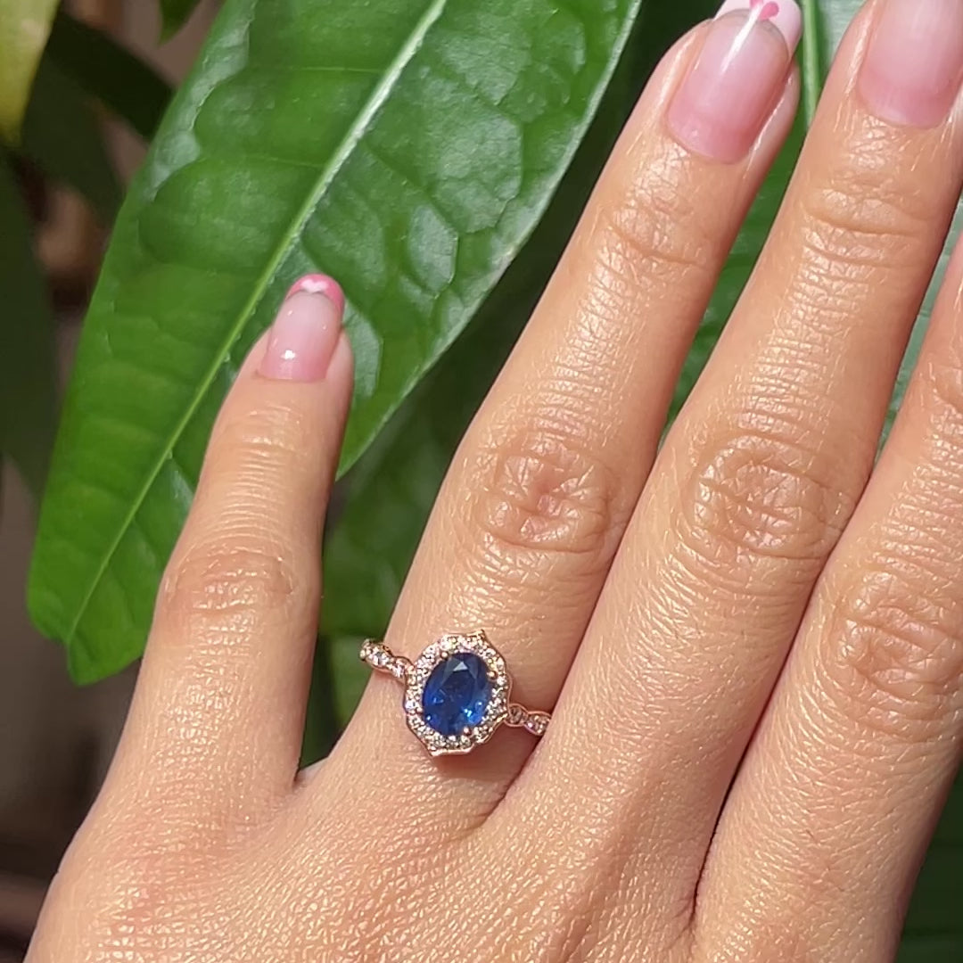 natural blue sapphire engagement ring rose gold vintage halo diamond ring la more design jewelry