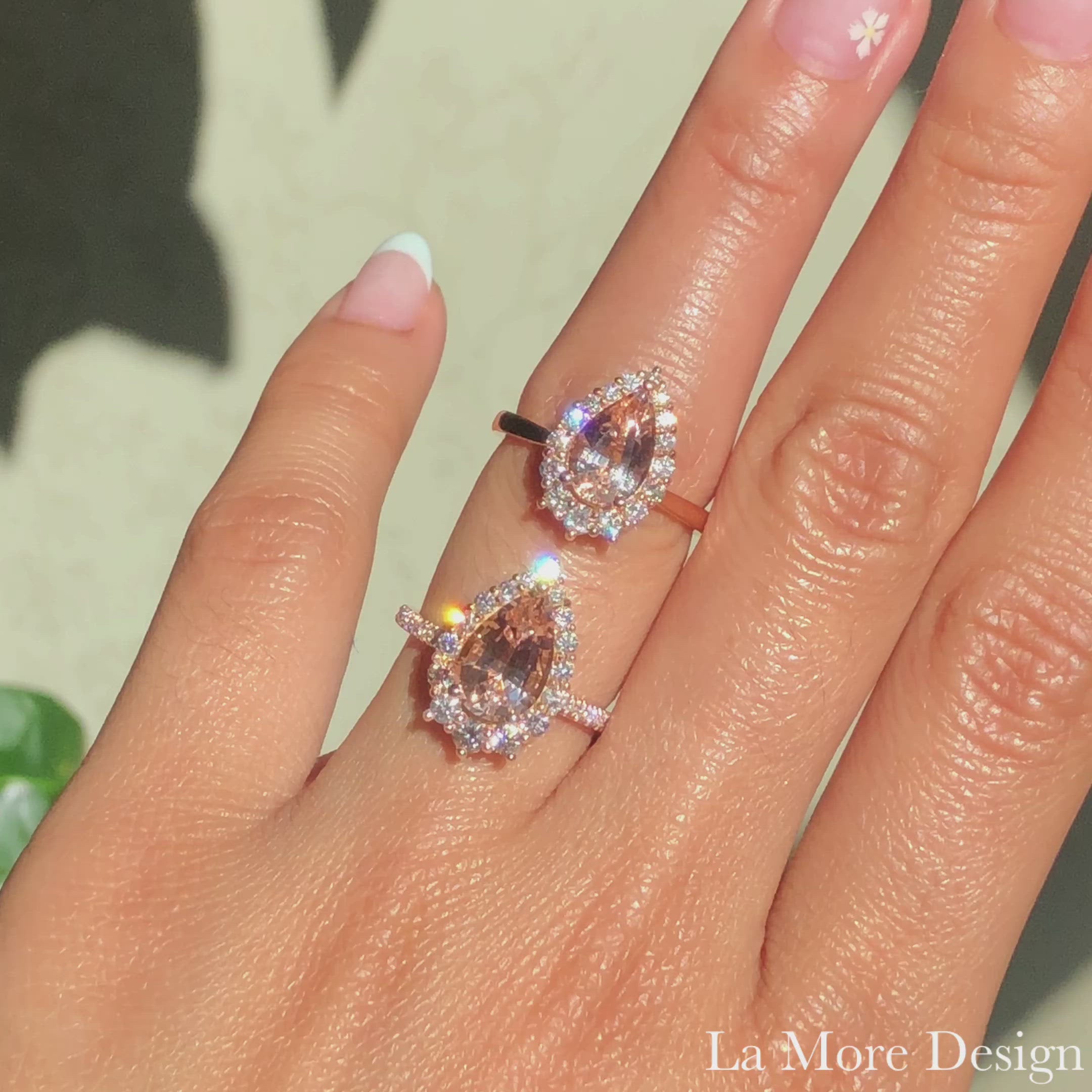 These truly unique and stunning morganite engagement rings are crafted in 14k rose gold Tiara Halo Diamond ring setting with a large 1.73-carat pear cut natural peach morganite center(top) and a large 2.21-carat pear cut natural peach morganite center(below). These one-of-a-kind pear-cut engagement rings are perfect for brides looking for diamond alternative engagement rings. 