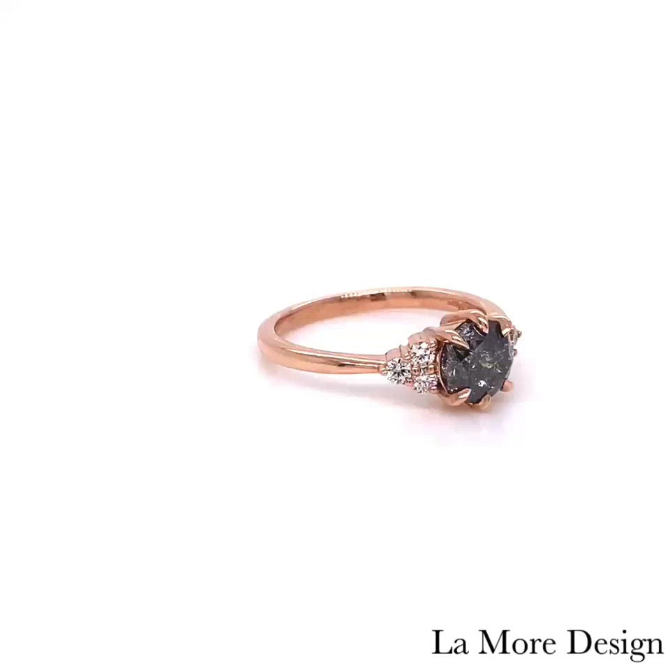 1.28 Ct Salt and Pepper Diamond Ring in 14k Rose Gold 3 Stone Ring, Size 6