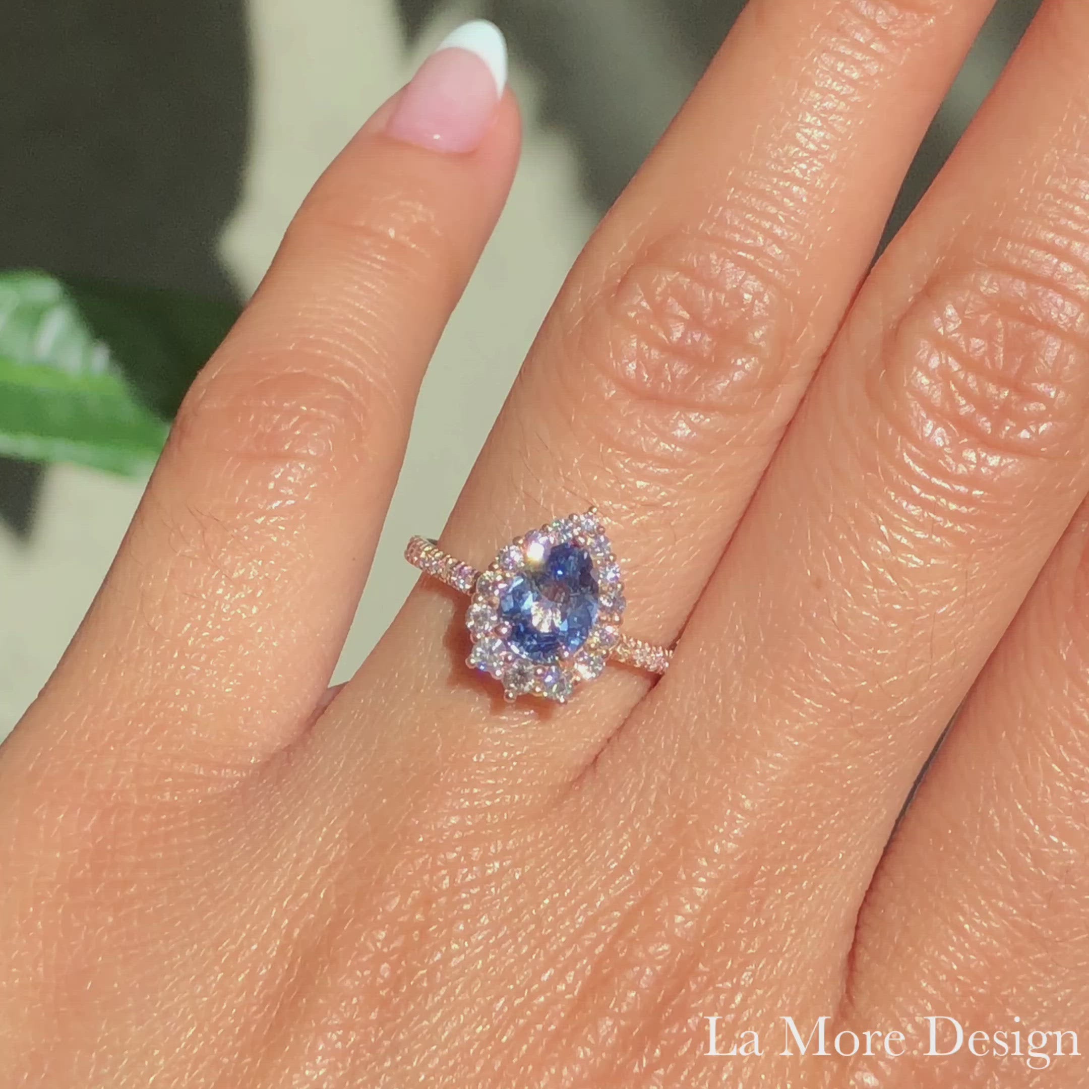 Ceylon Blue Sapphire Engagement Ring Rose Gold Halo Diamond Pear