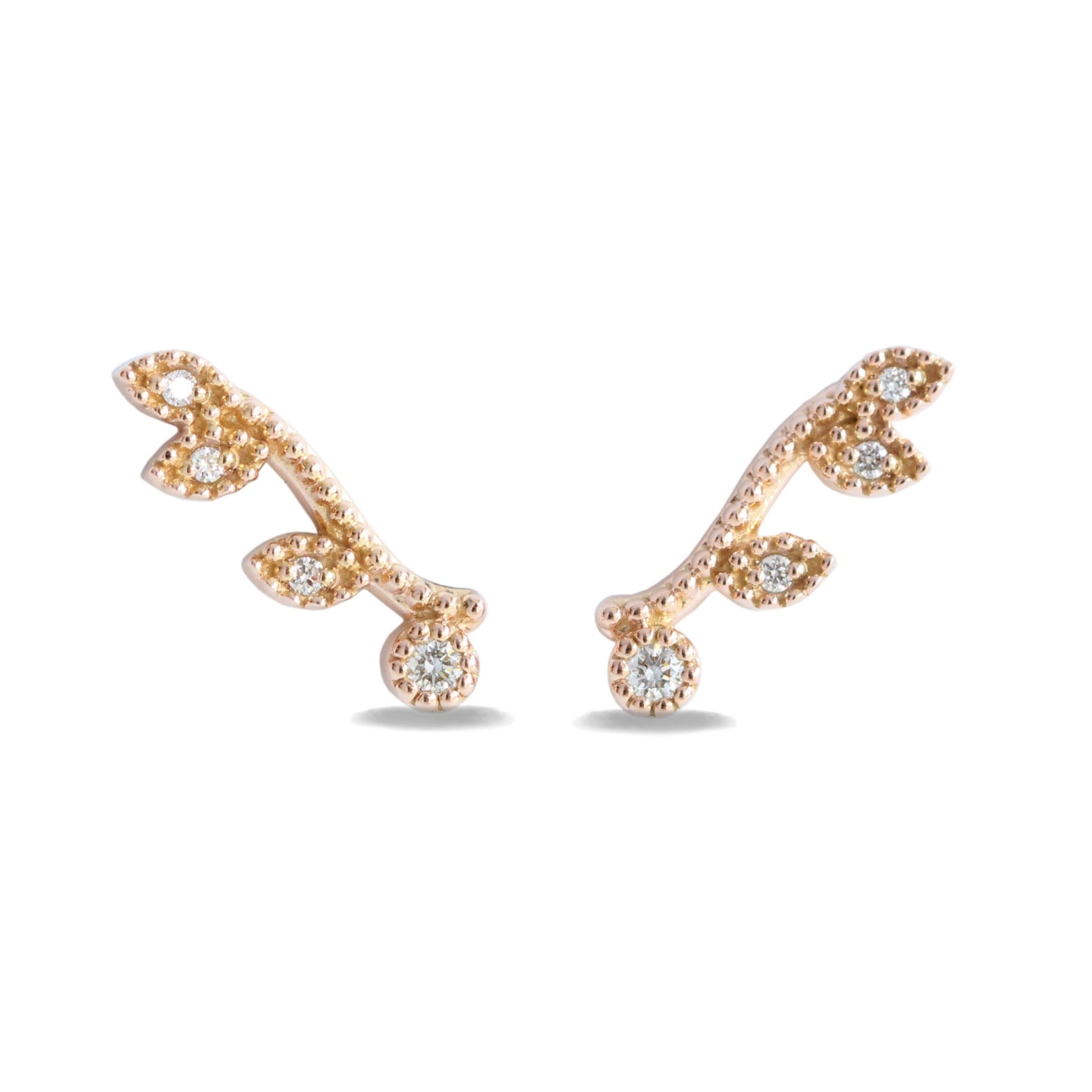 Curved Leaf Diamond Earrings Rose Gold Studs la more design jewelry