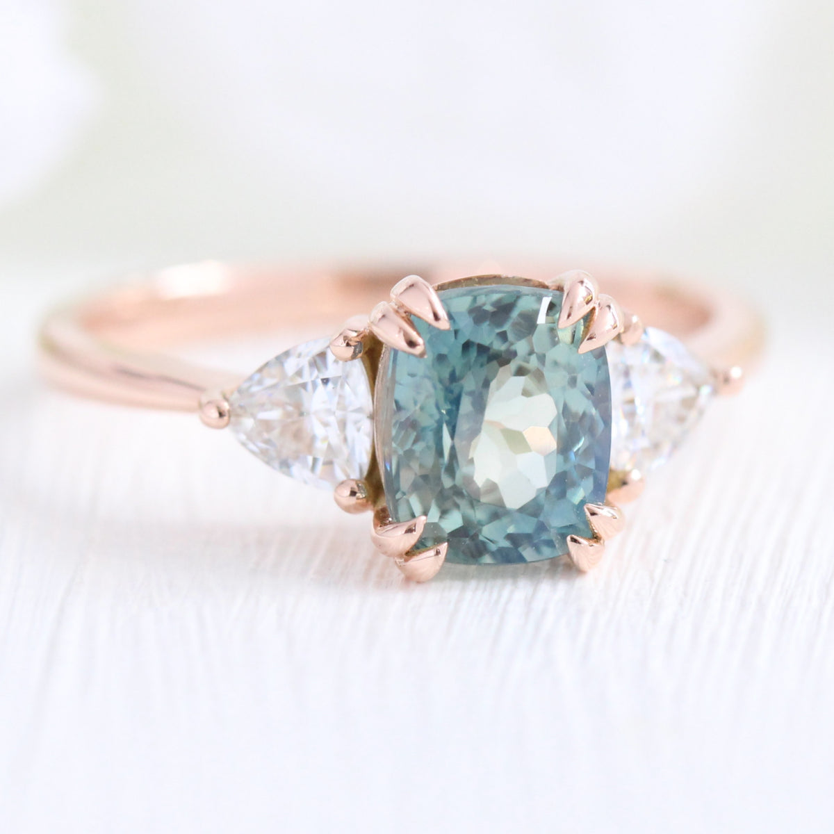 Cushion Teal Green Sapphire Engagement Ring 14k Rose Gold 3 Stone Ring ...