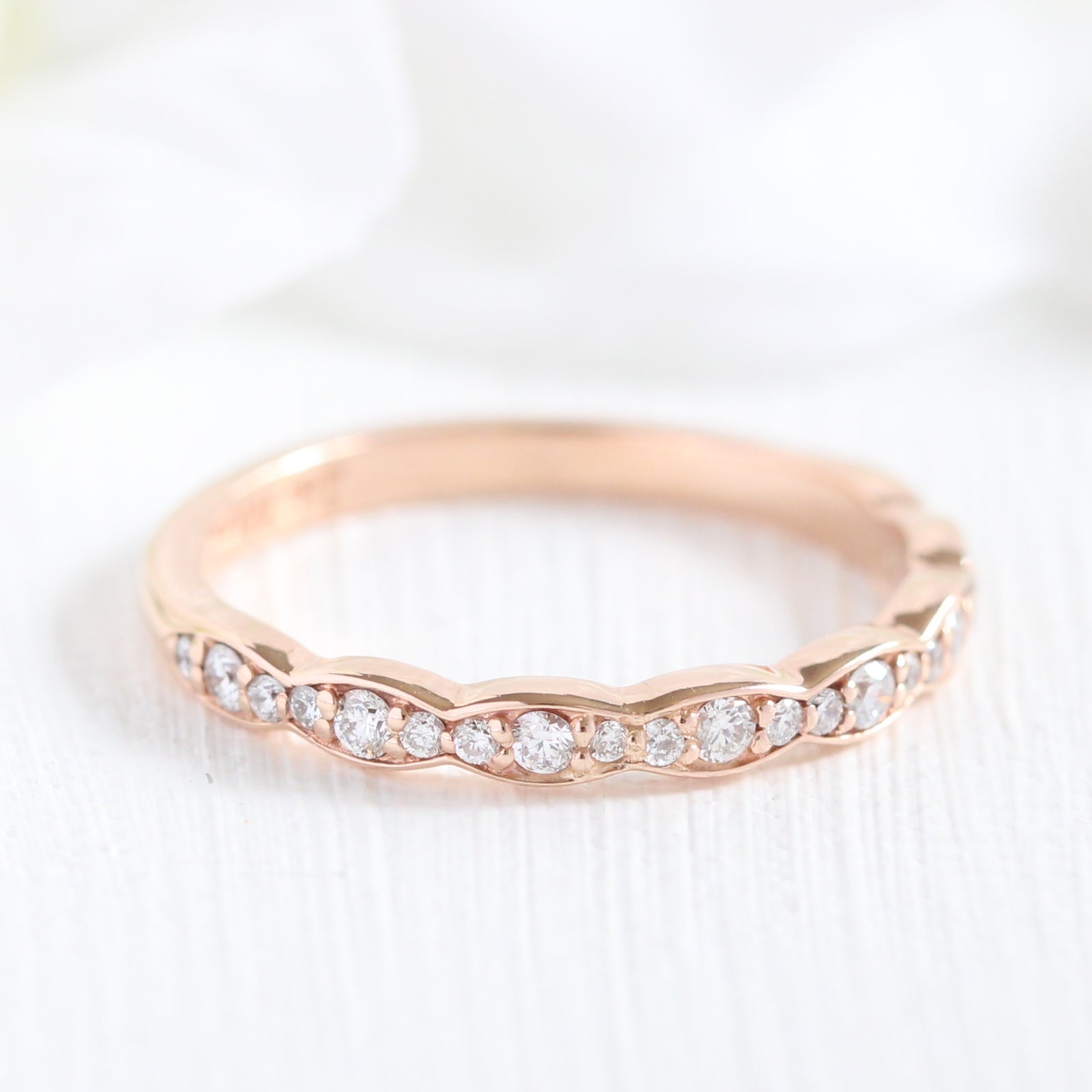 Half diamond wedding ring rose gold scalloped band la more design jewelryHalf diamond wedding ring rose gold scalloped band la more design jewelry