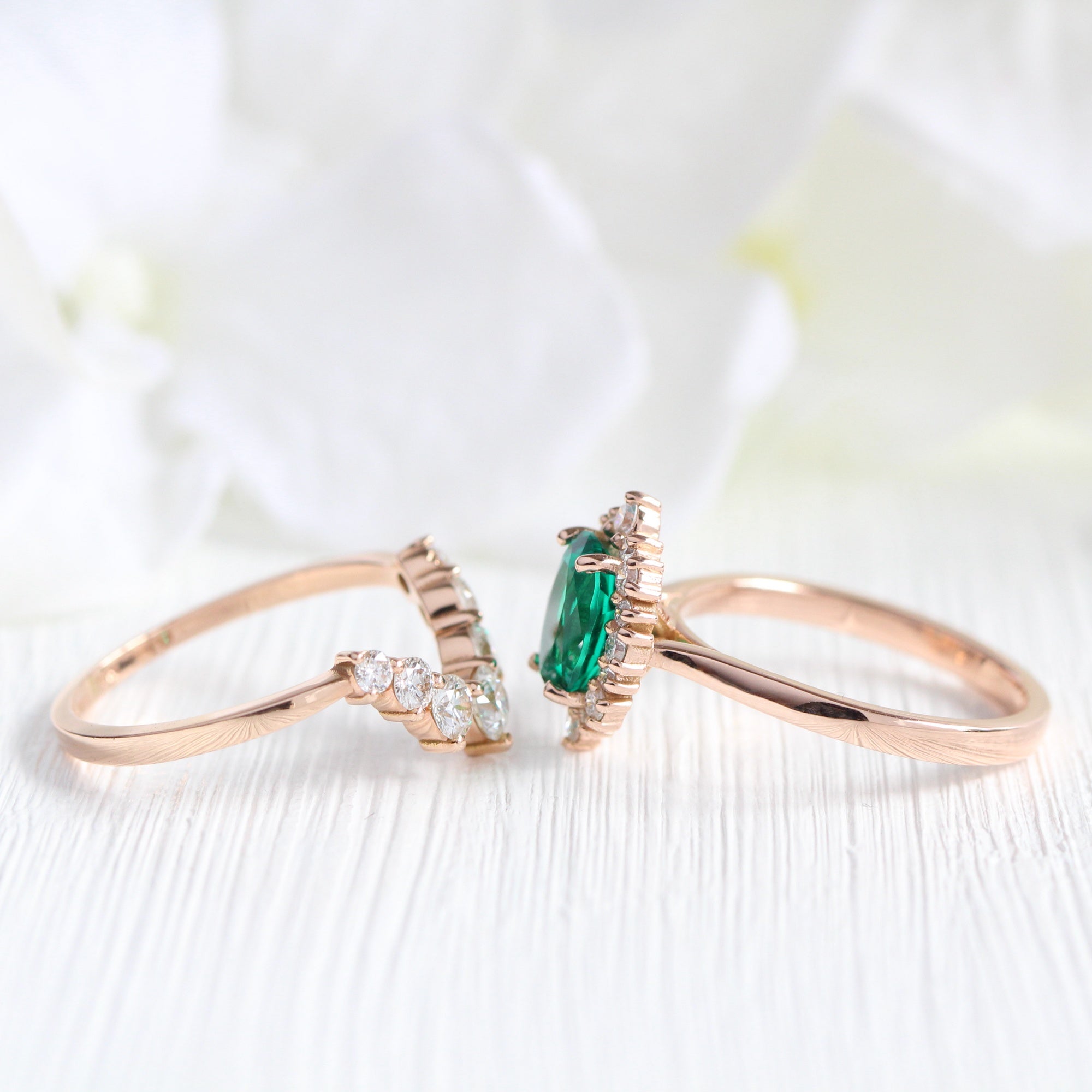 Halo diamond emerald ring stock rose gold u shaped wedding band la more design jewelry