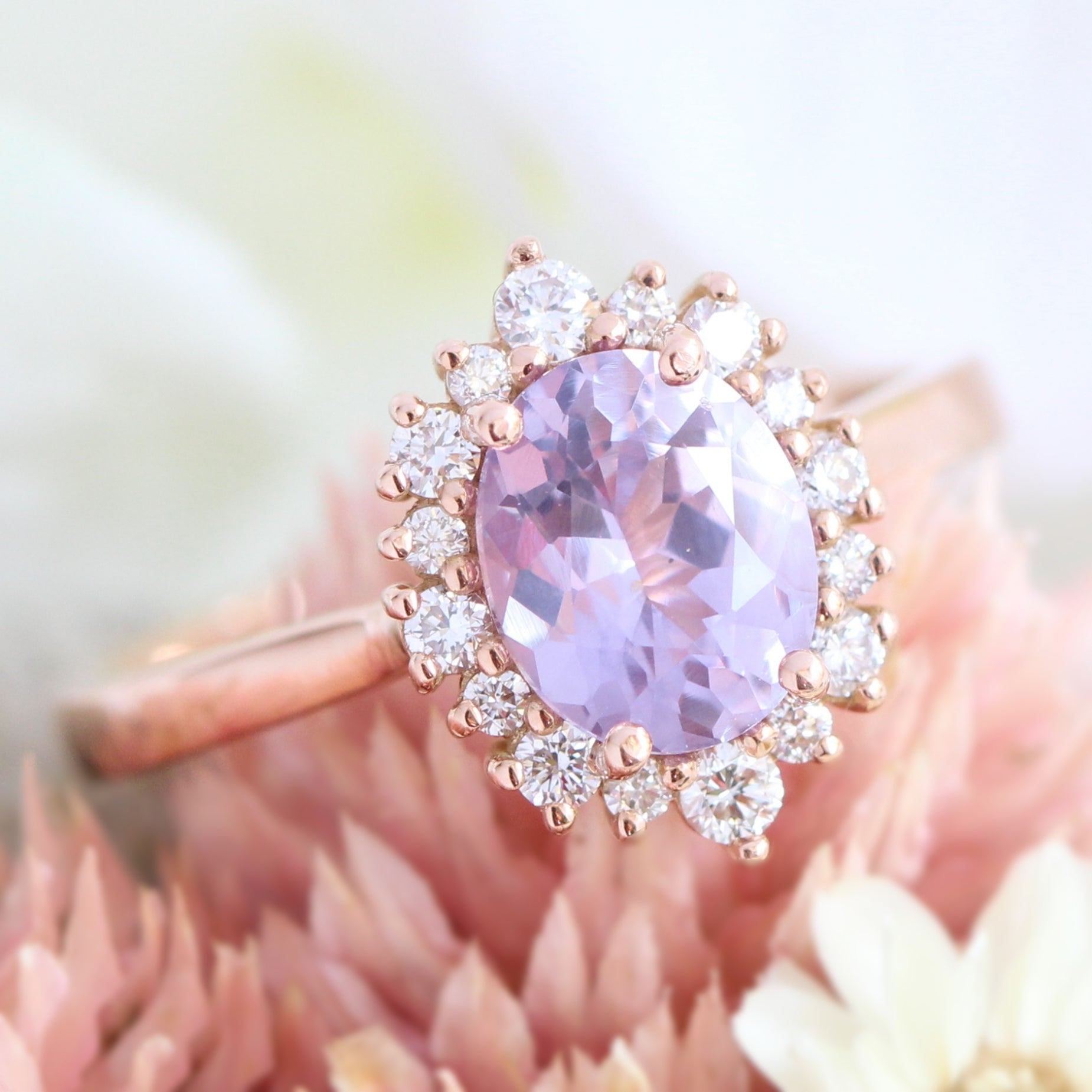 Halo diamond lavender sapphire ring rose gold cluster engagement ring la more design jewelry