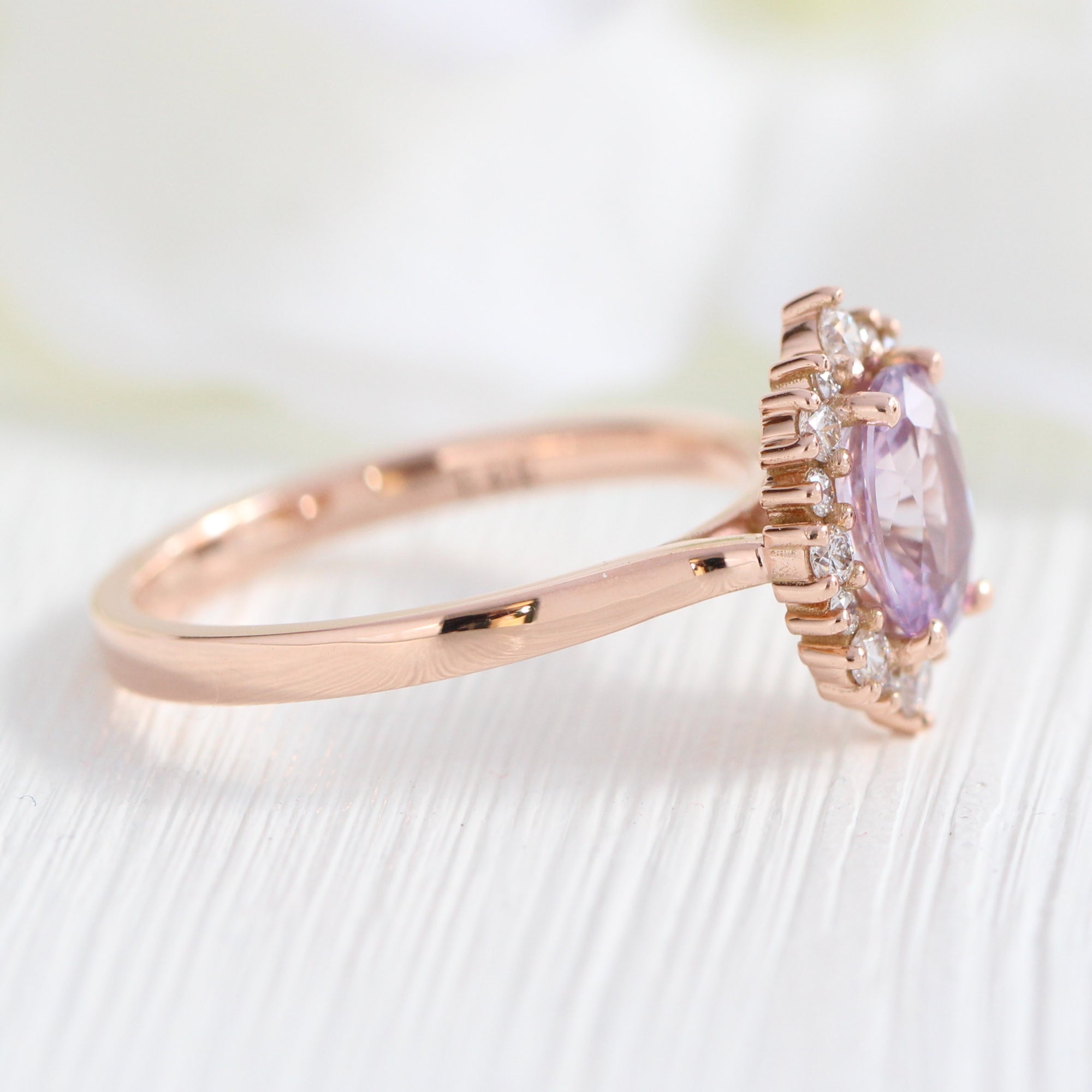 Halo diamond lavender sapphire ring rose gold cluster engagement ring la more design jewelry