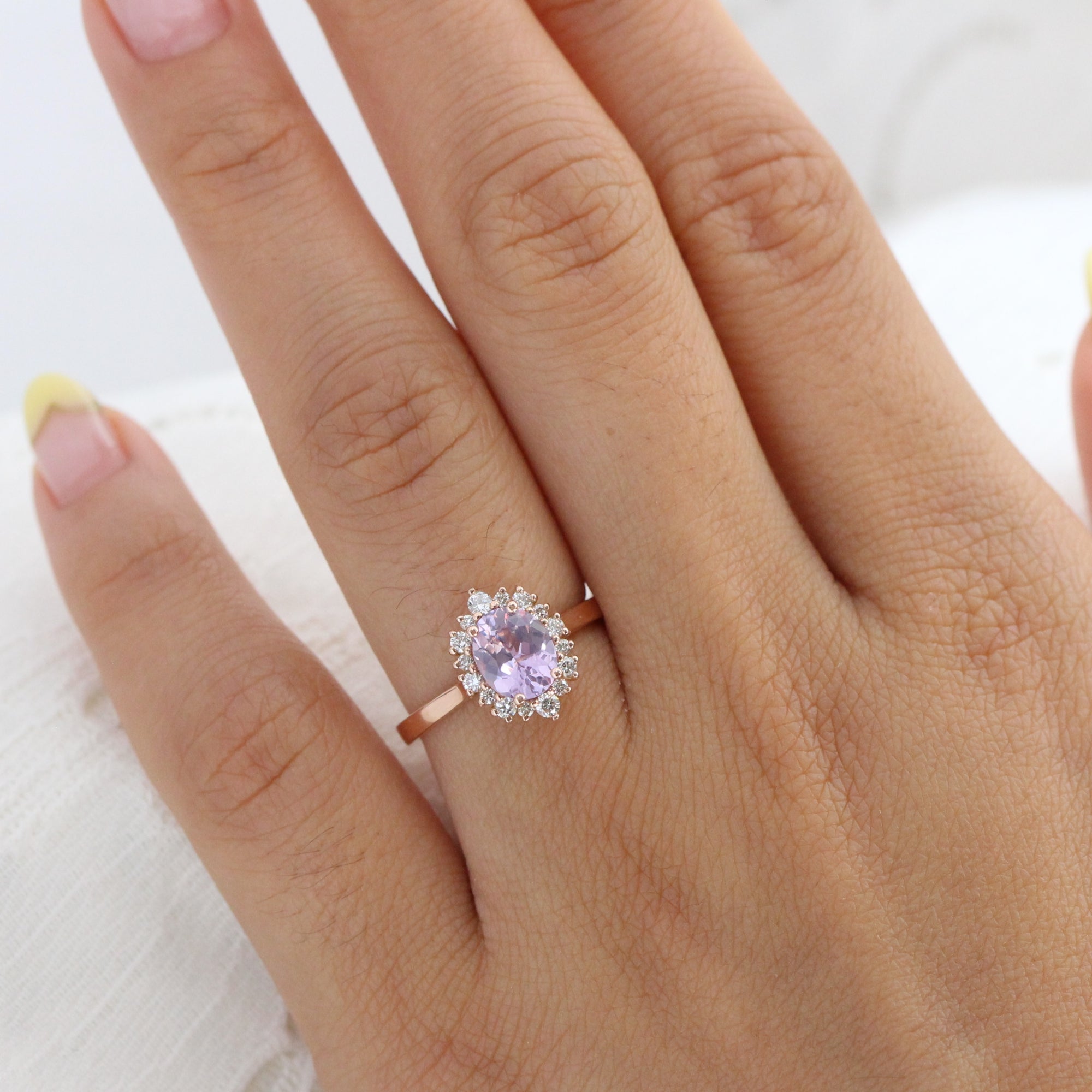 Halo diamond lavender sapphire ring rose gold cluster engagement ring la more design jewelry