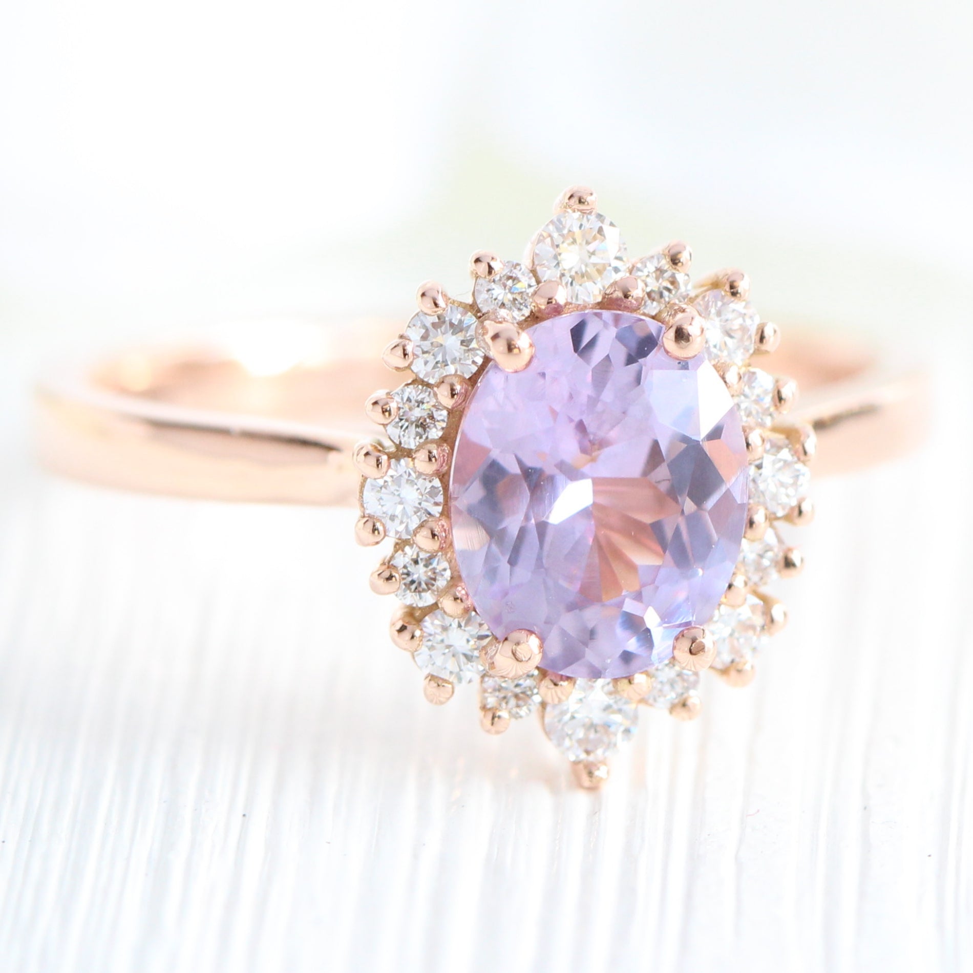 Halo diamond lavender sapphire ring rose gold cluster engagement ring la more design jewelry