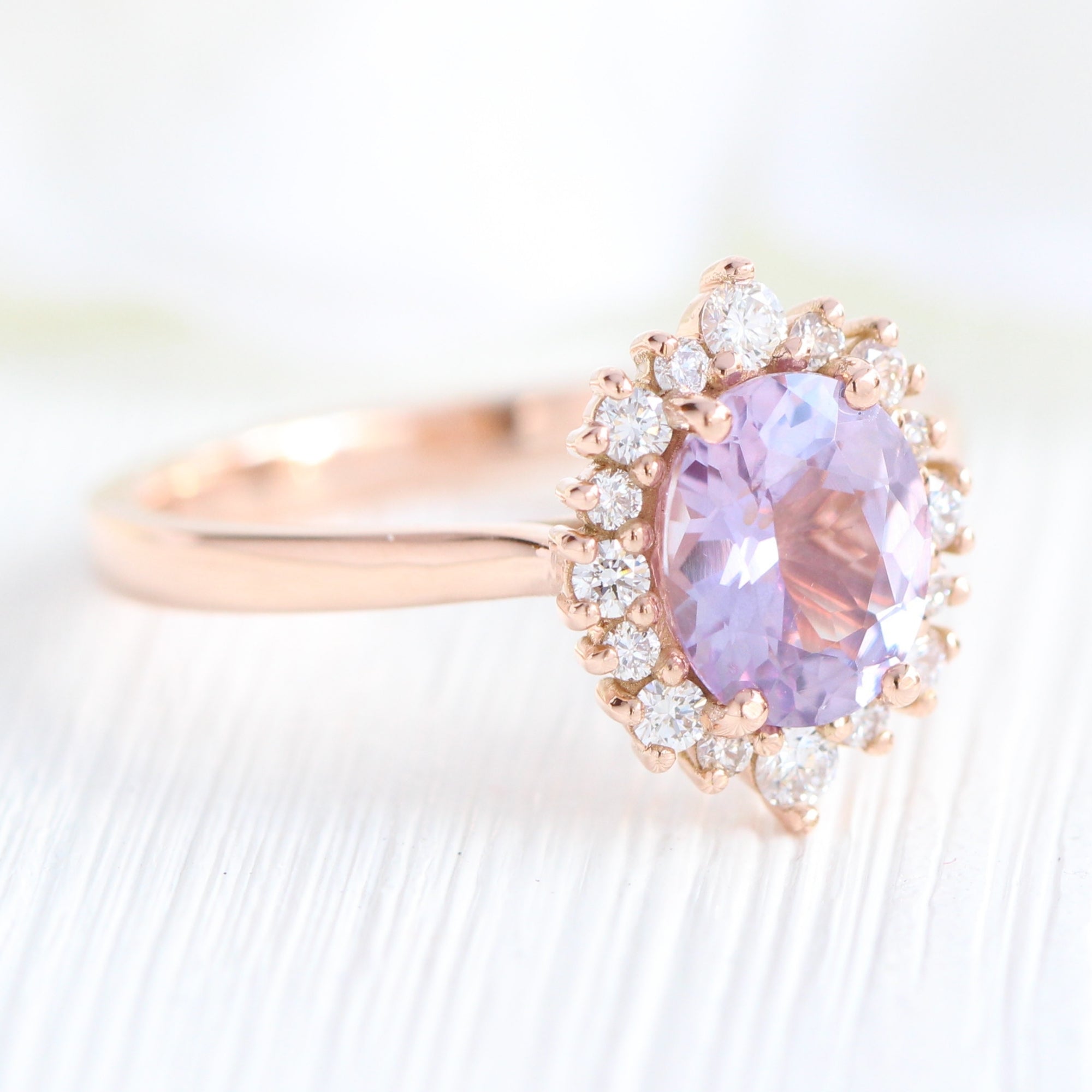 Halo diamond lavender sapphire ring rose gold cluster engagement ring la more design jewelry