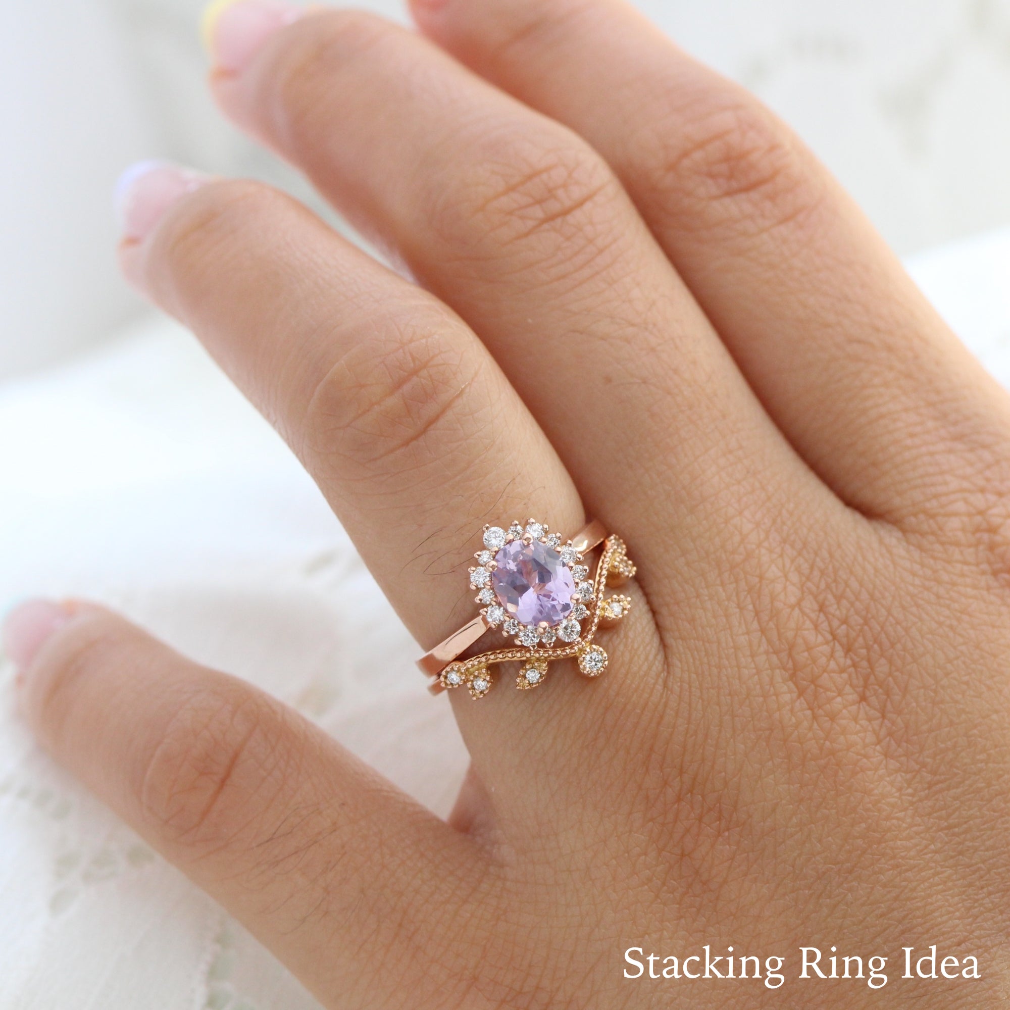 Halo diamond lavender sapphire ring rose gold cluster engagement ring la more design jewelry