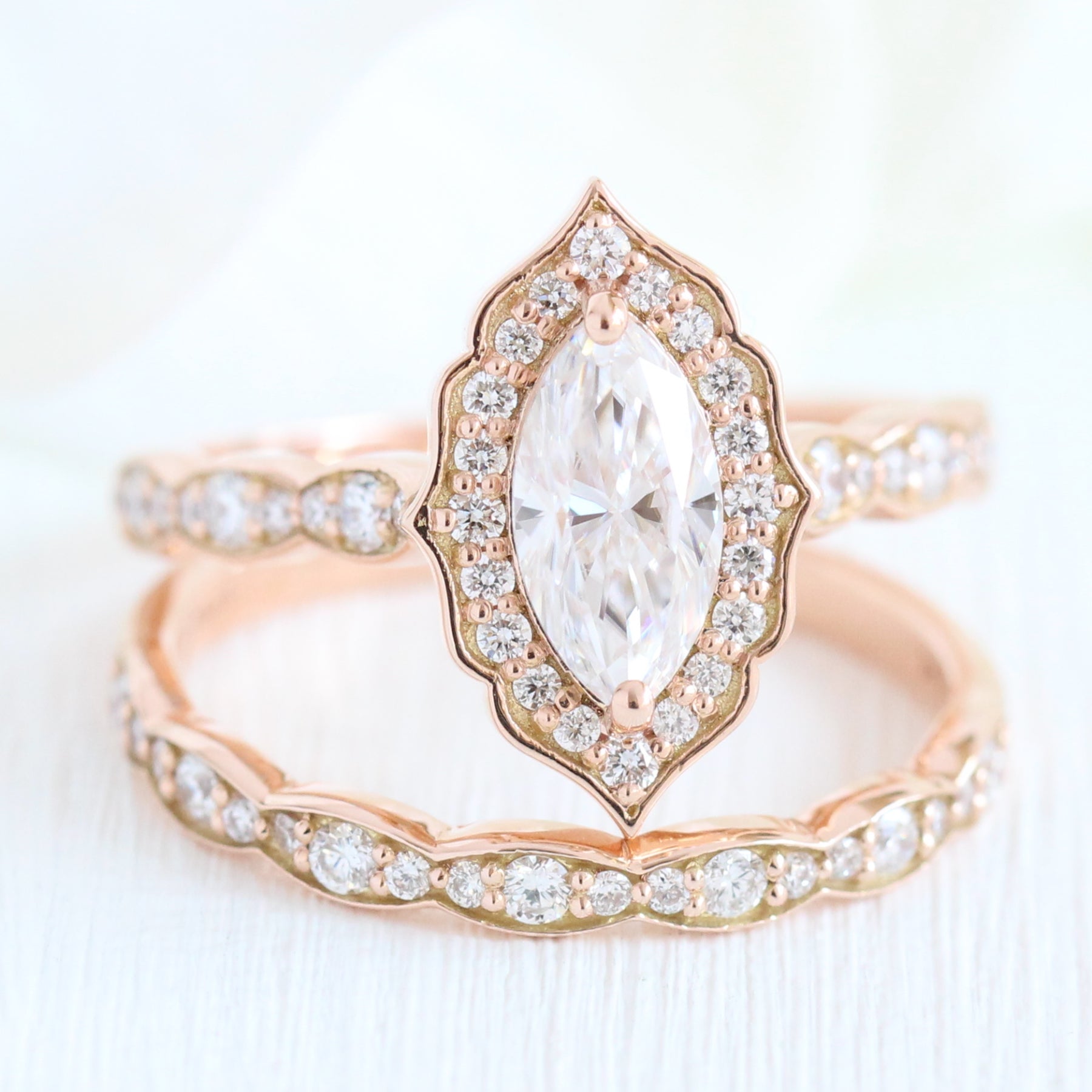 Halo diamond marquise engagement ring rose gold wedding ring bridal set by la more design jewelry