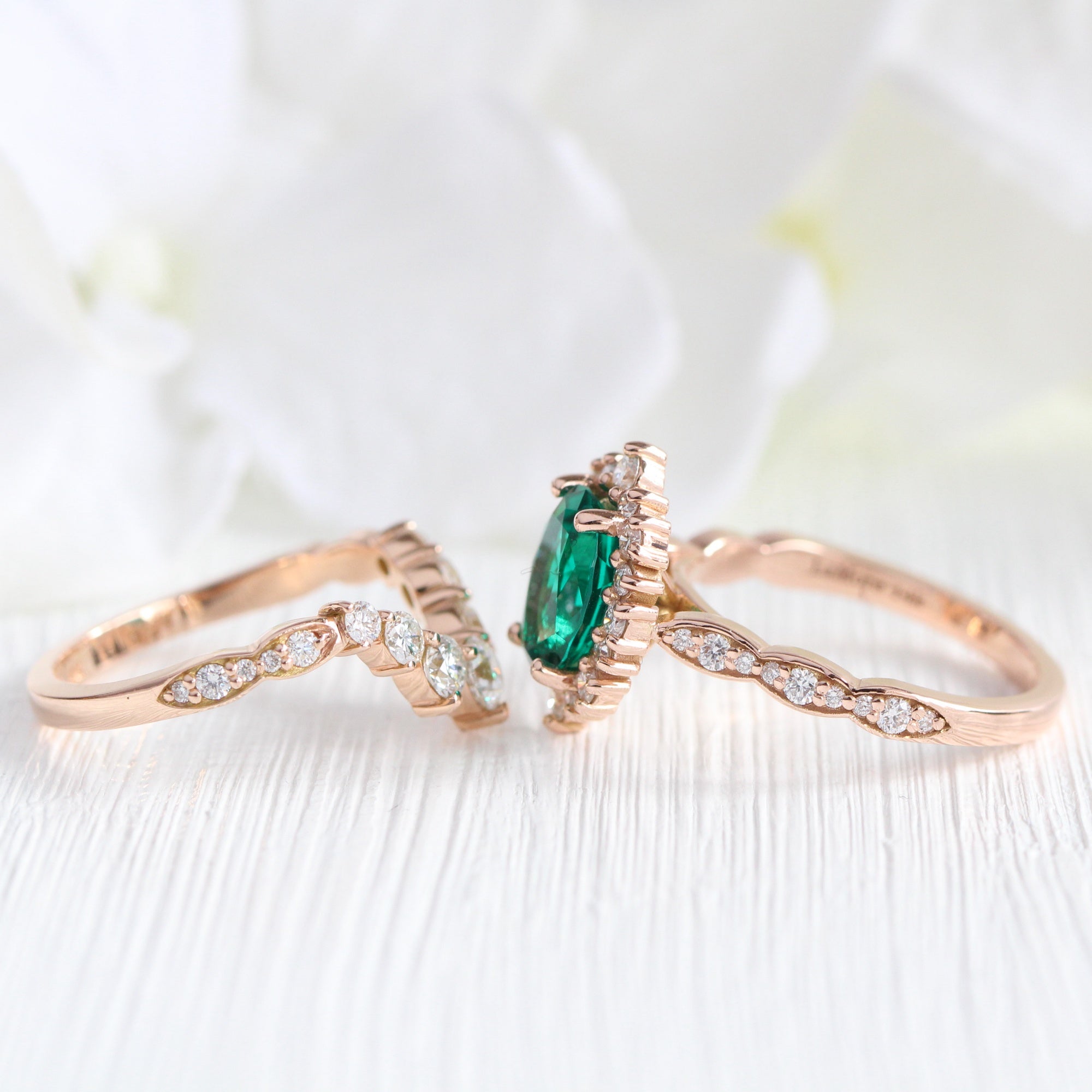 Halo diamond oval emerald ring stock rose gold deep curved wedding band la more design jewelry