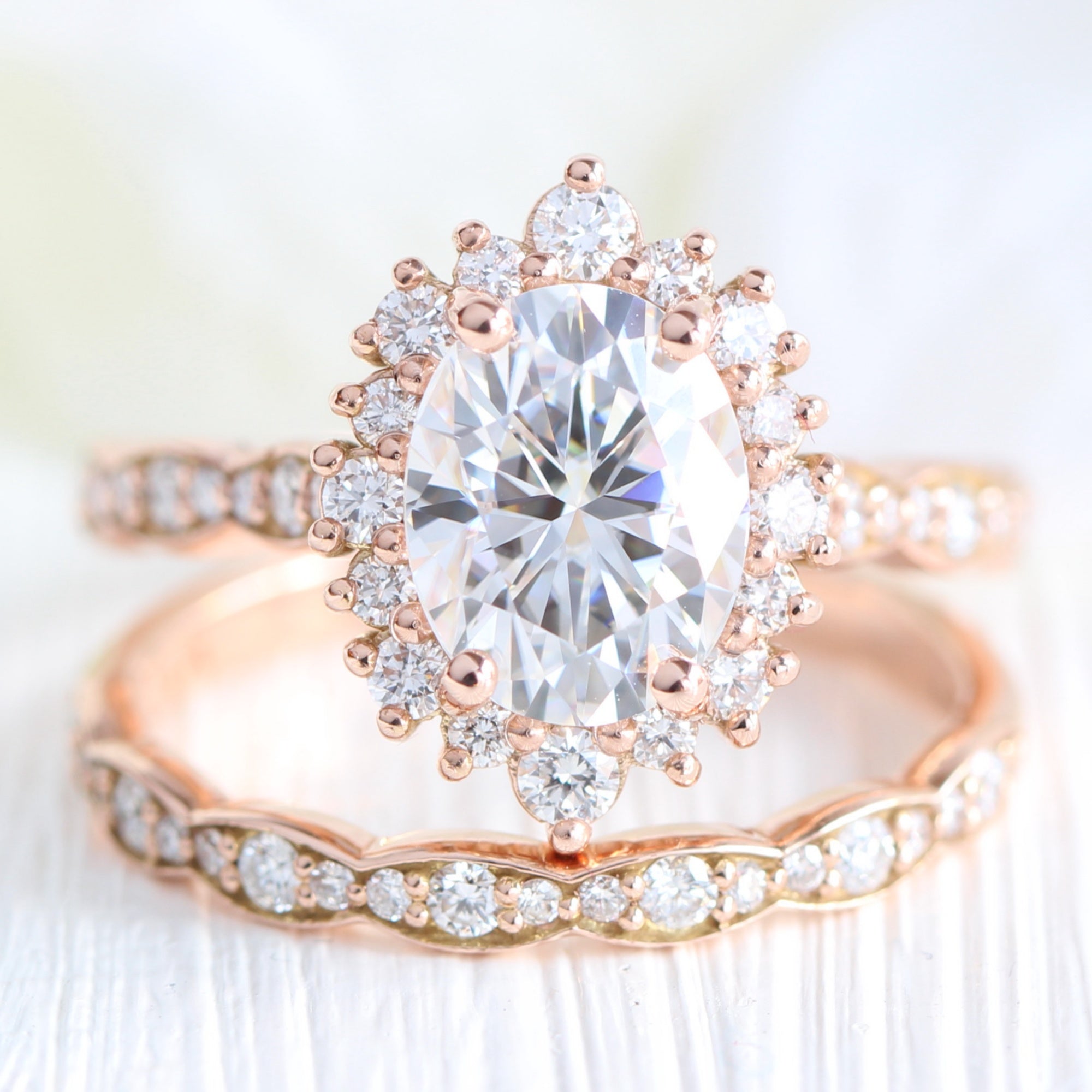 Halo diamond oval moissanite ring rose gold eternity diamond wedding ring stack la more design jewelry