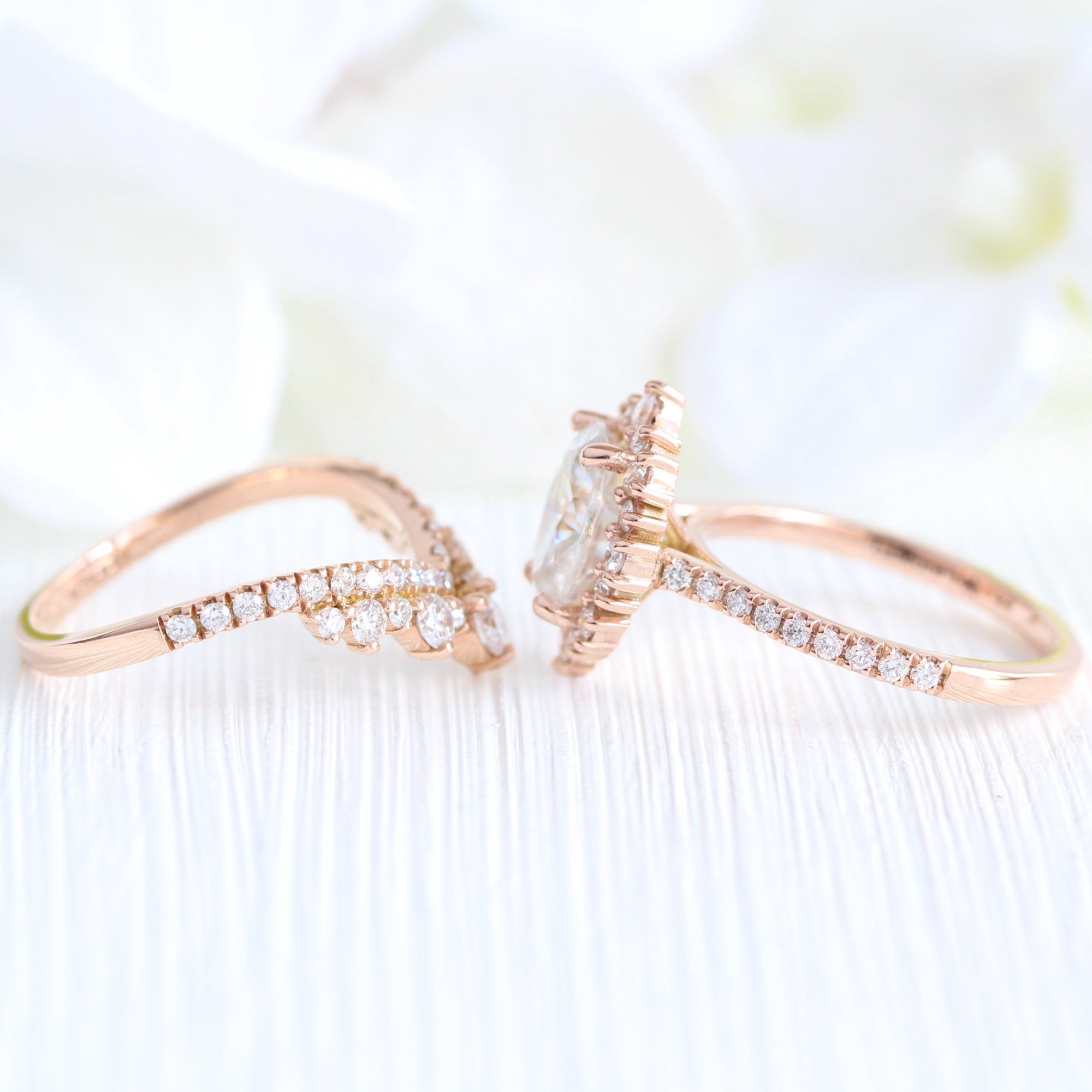 Halo diamond oval moissanite ring rose gold v shape diamond wedding ring stack la more design jewelry