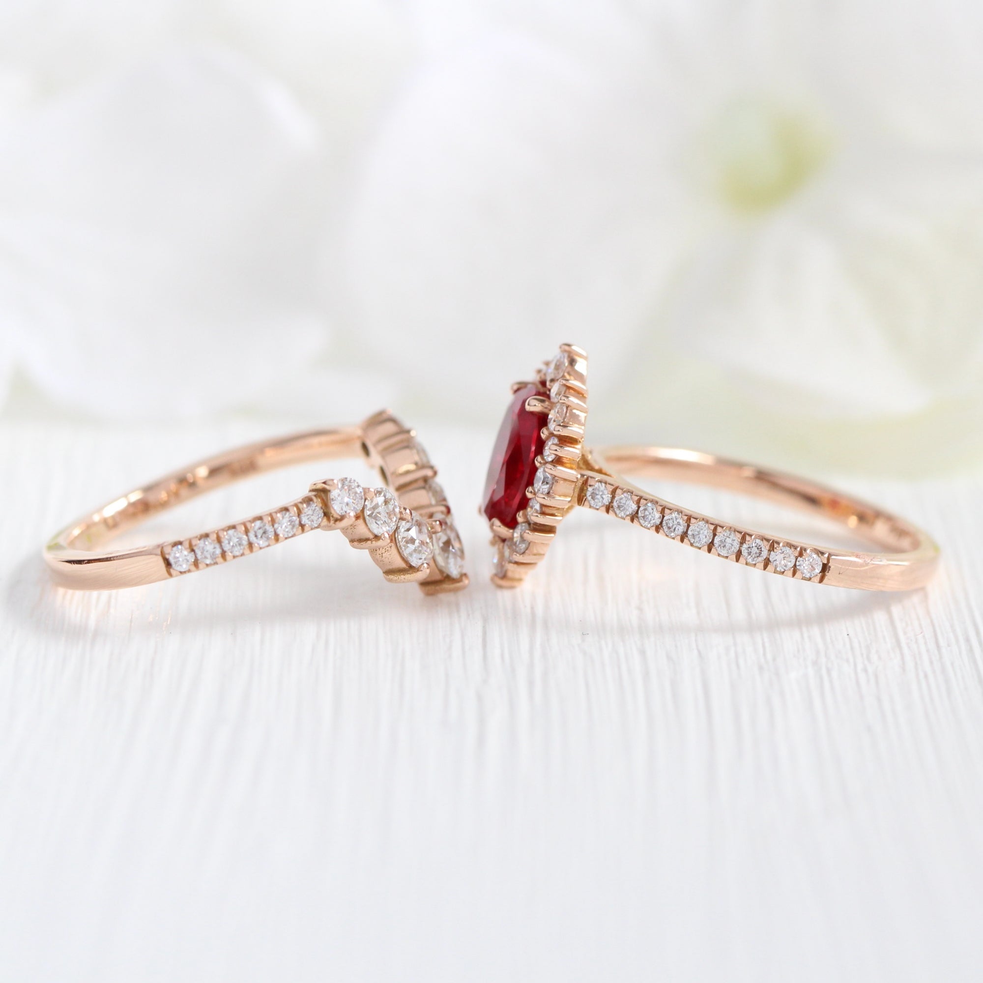 Halo diamond oval ruby ring stack rose gold U curved diamond wedding band la more design jewelry