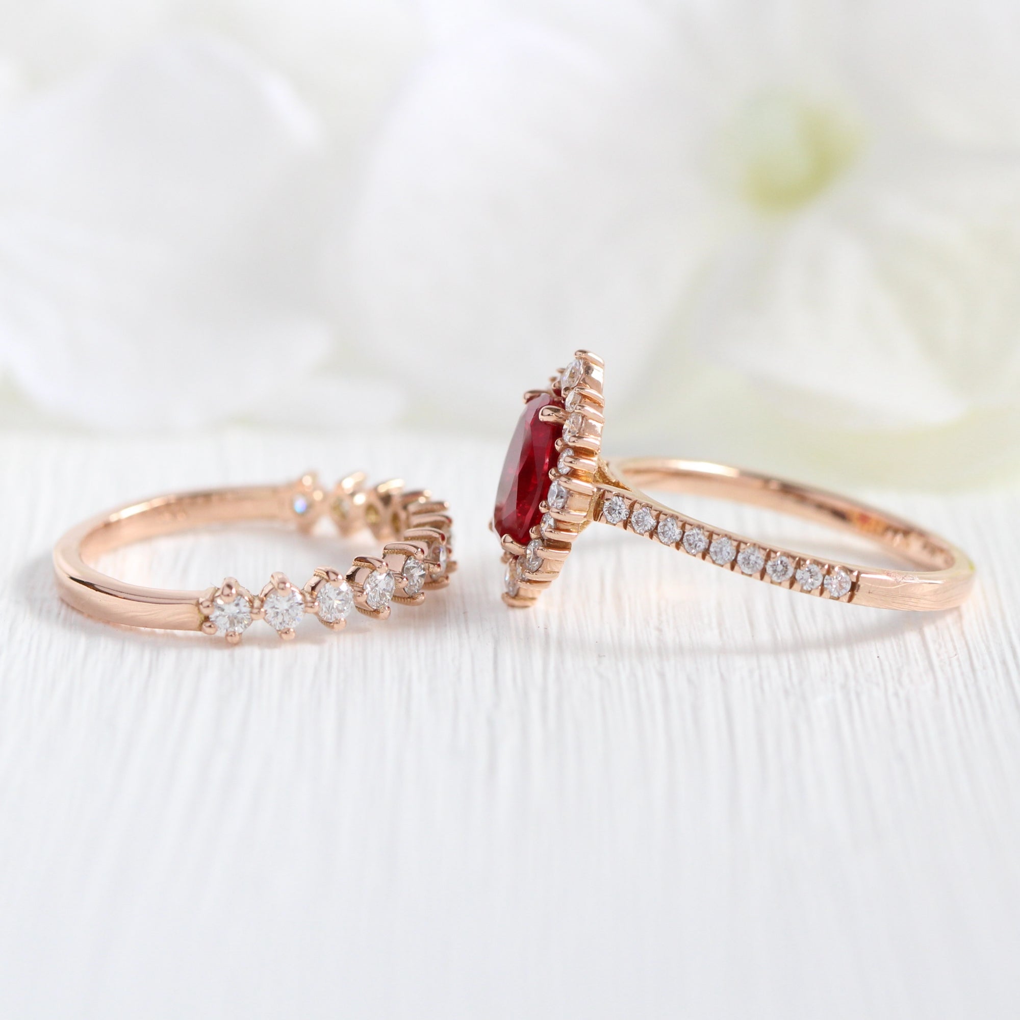 Halo diamond oval ruby ring stack rose gold eternity diamond wedding band la more design jewelry