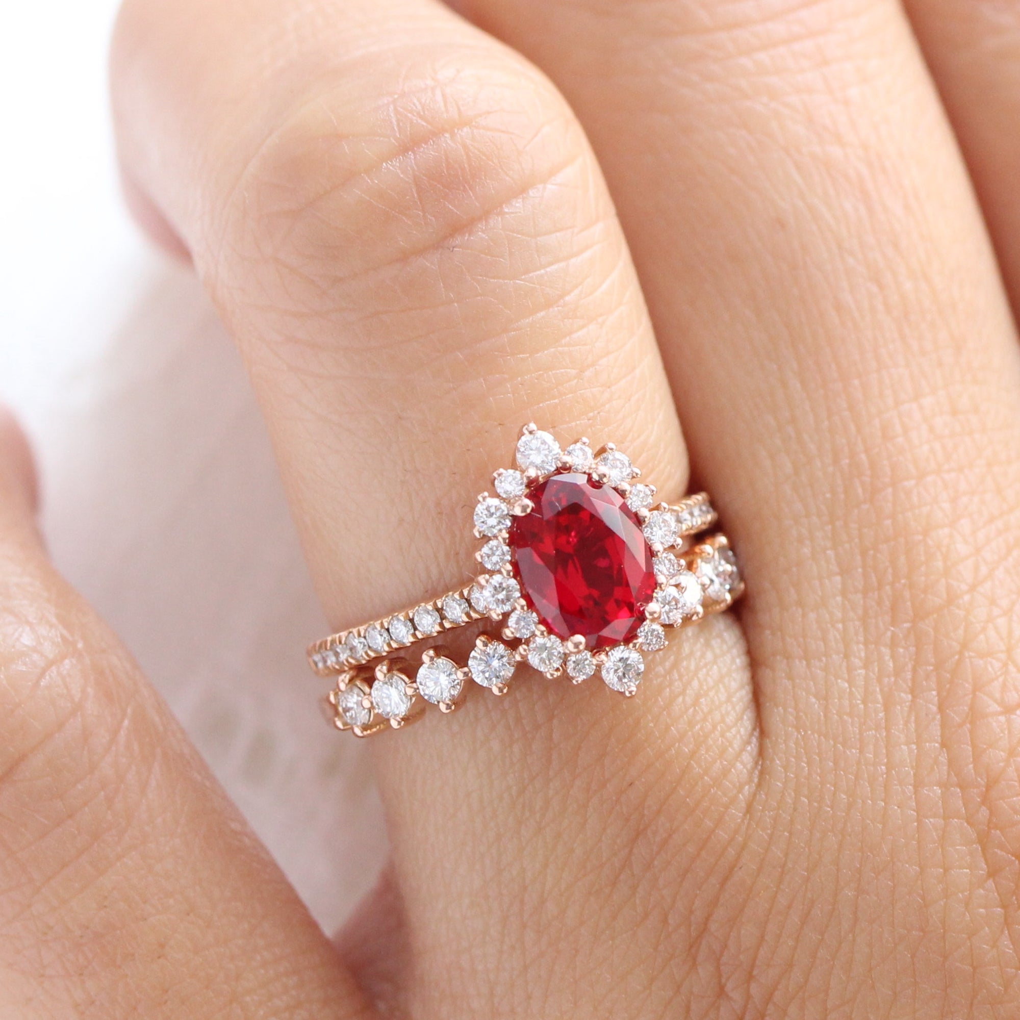 Halo diamond oval ruby ring stack rose gold eternity diamond wedding band la more design jewelry