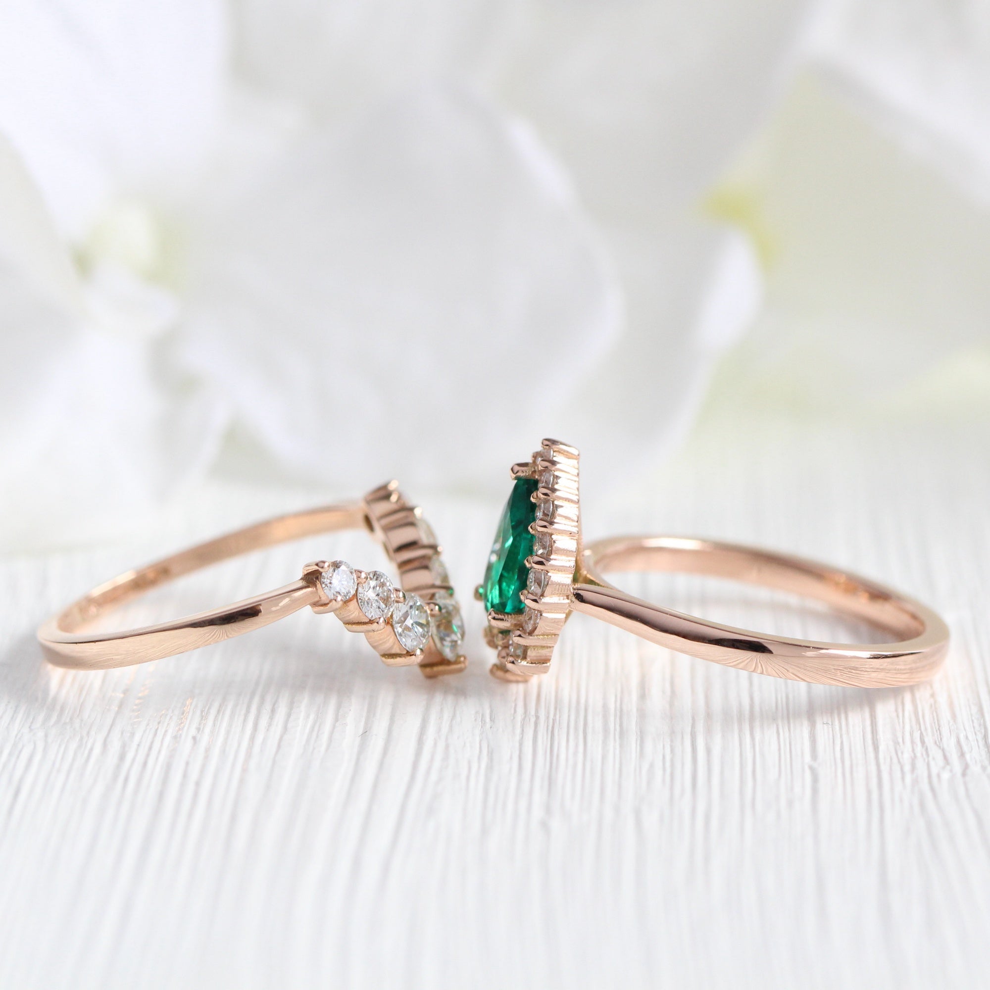 Halo diamond pear emerald ring stock rose gold deep curved wedding band la more design jewelry