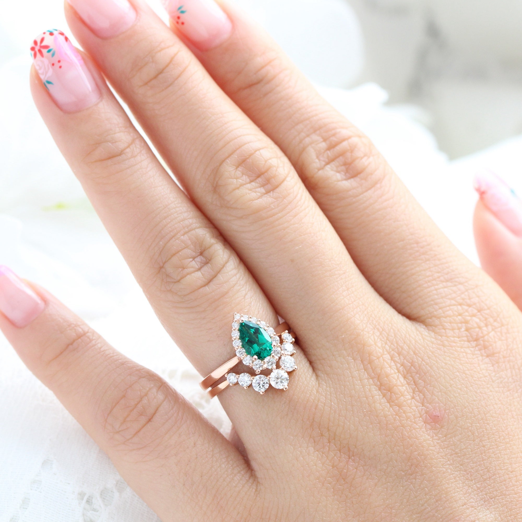 Halo diamond pear emerald ring stock rose gold deep curved wedding band la more design jewelry