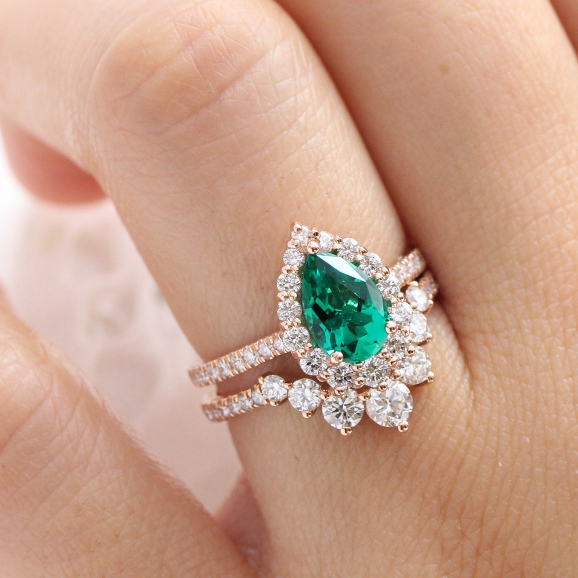 Halo diamond pear emerald ring stock rose gold deep curved wedding band la more design jewelry