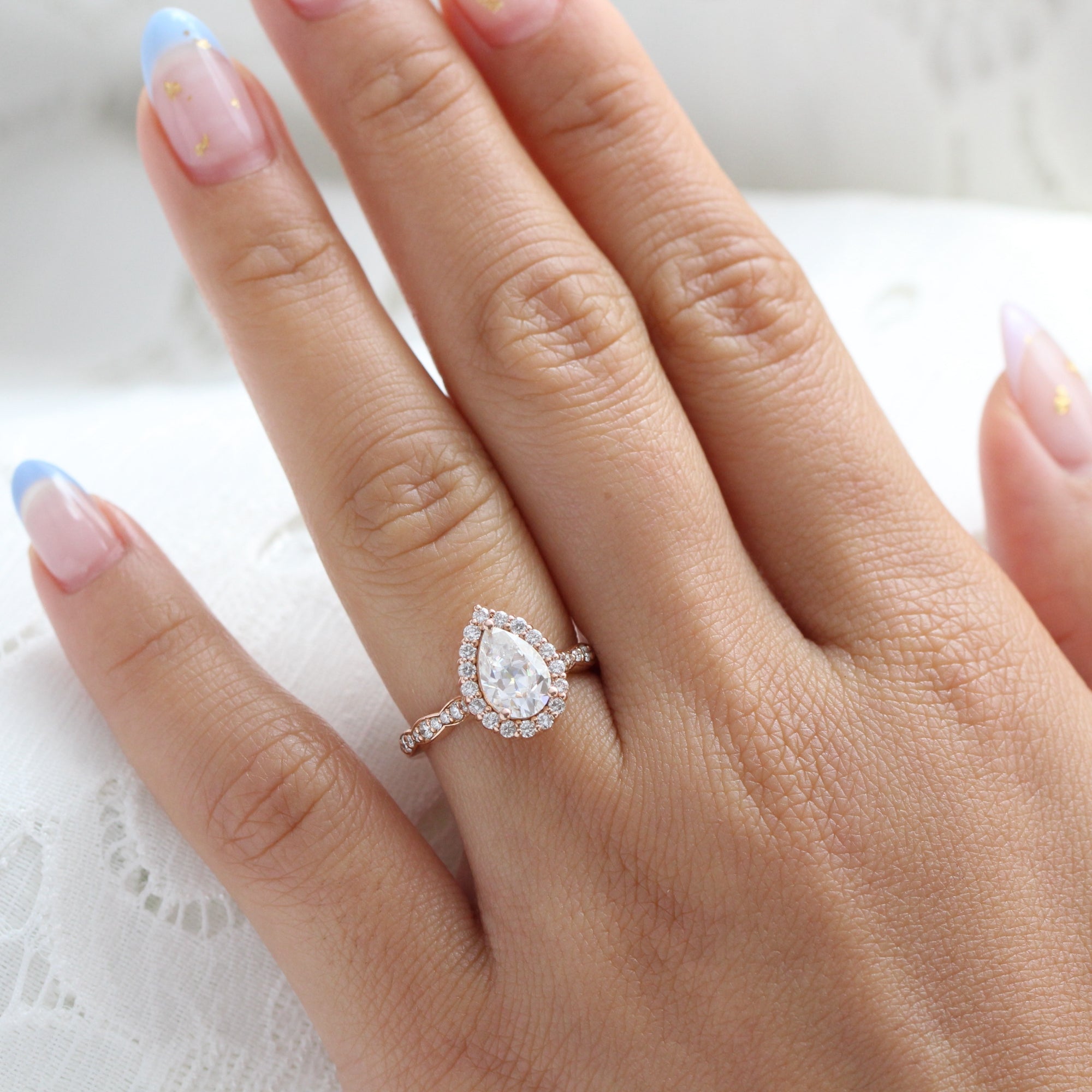 Halo Diamond Pear Moissanite Engagement Ring