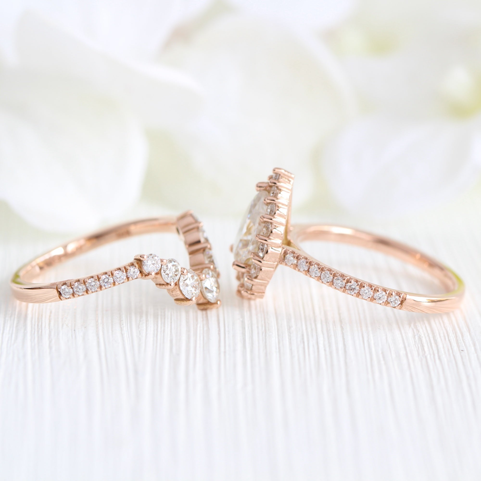 Halo diamond pear moissanite ring rose gold deep curved diamond wedding ring stack la more design jewelry