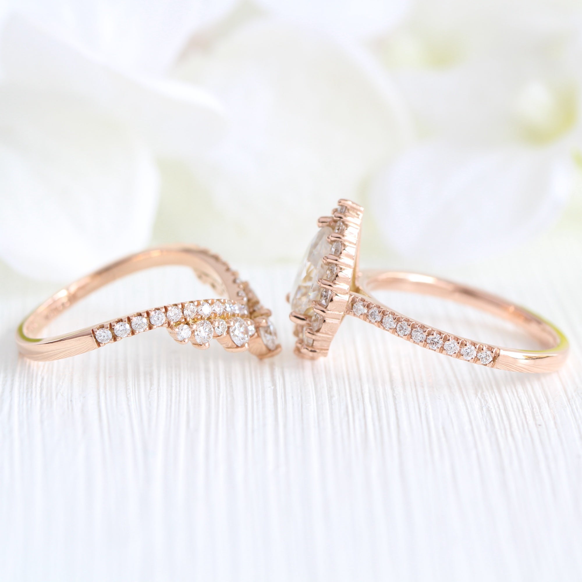 Halo diamond pear moissanite ring rose gold v shape diamond wedding ring stack la more design jewelry