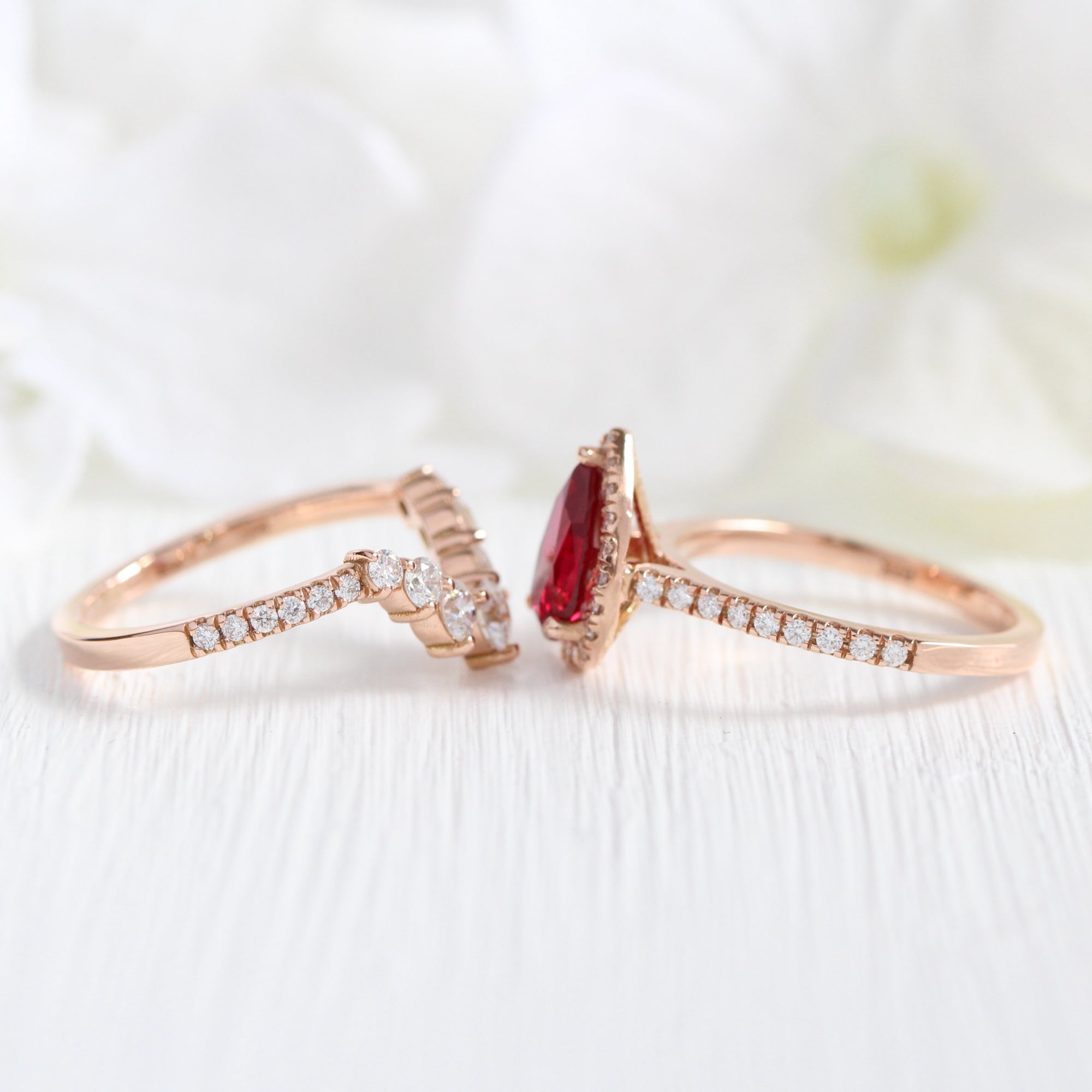 Halo diamond pear ruby ring stack rose gold deep curved diamond wedding band la more design jewelry