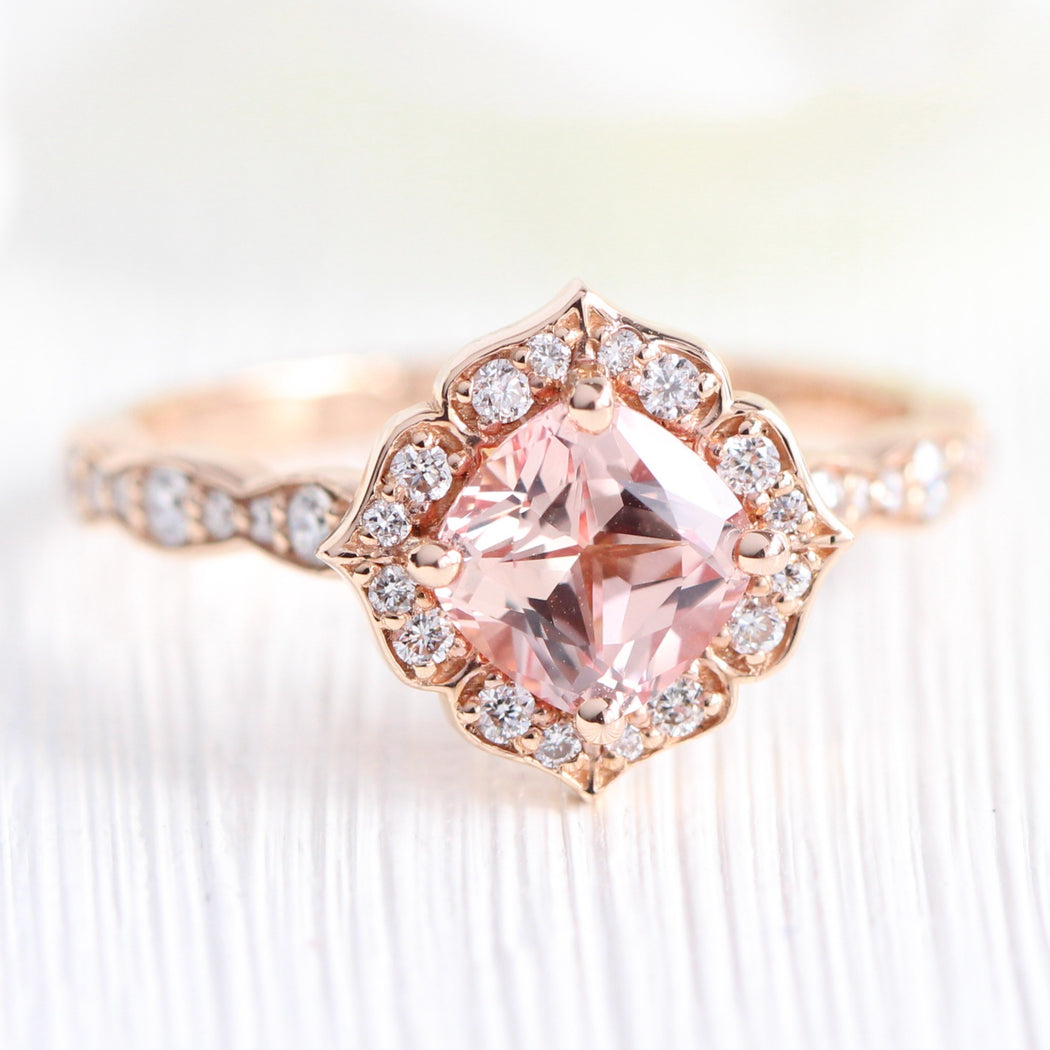 Peach Sapphire Engagement Ring Rose Gold Vintage Halo Diamond Ring 