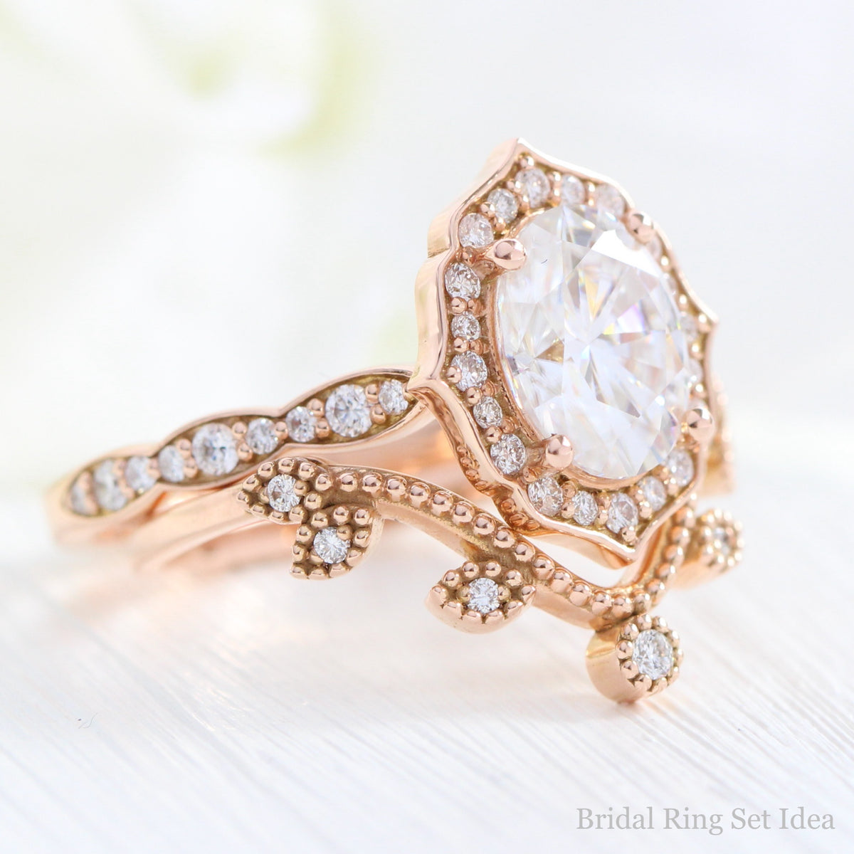 Large Moissanite Engagement Ring Rose Gold Vintage Floral Diamond Band ...