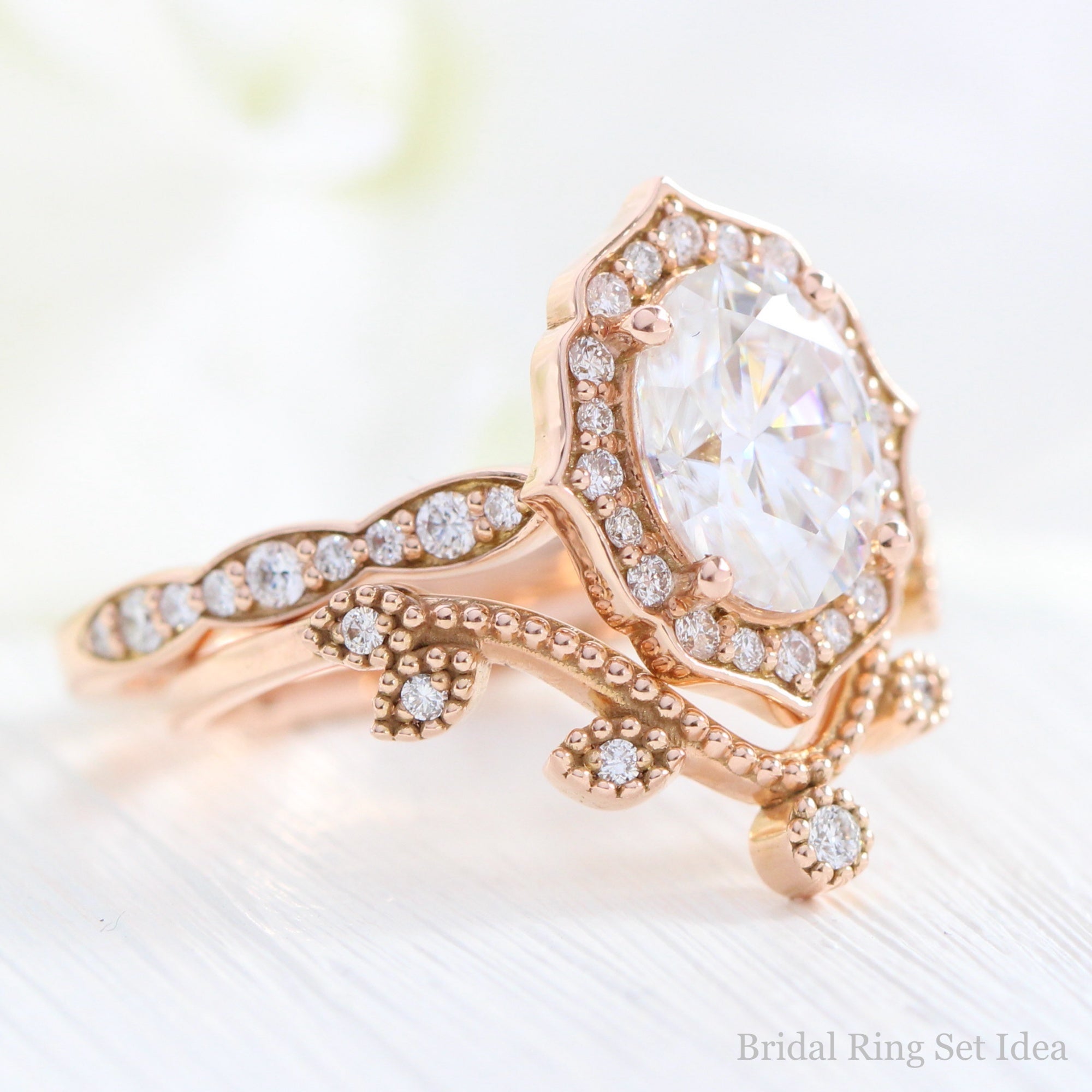 oval moissanite engagement ring rose gold vintage diamond wedding ring set la more design jewelry