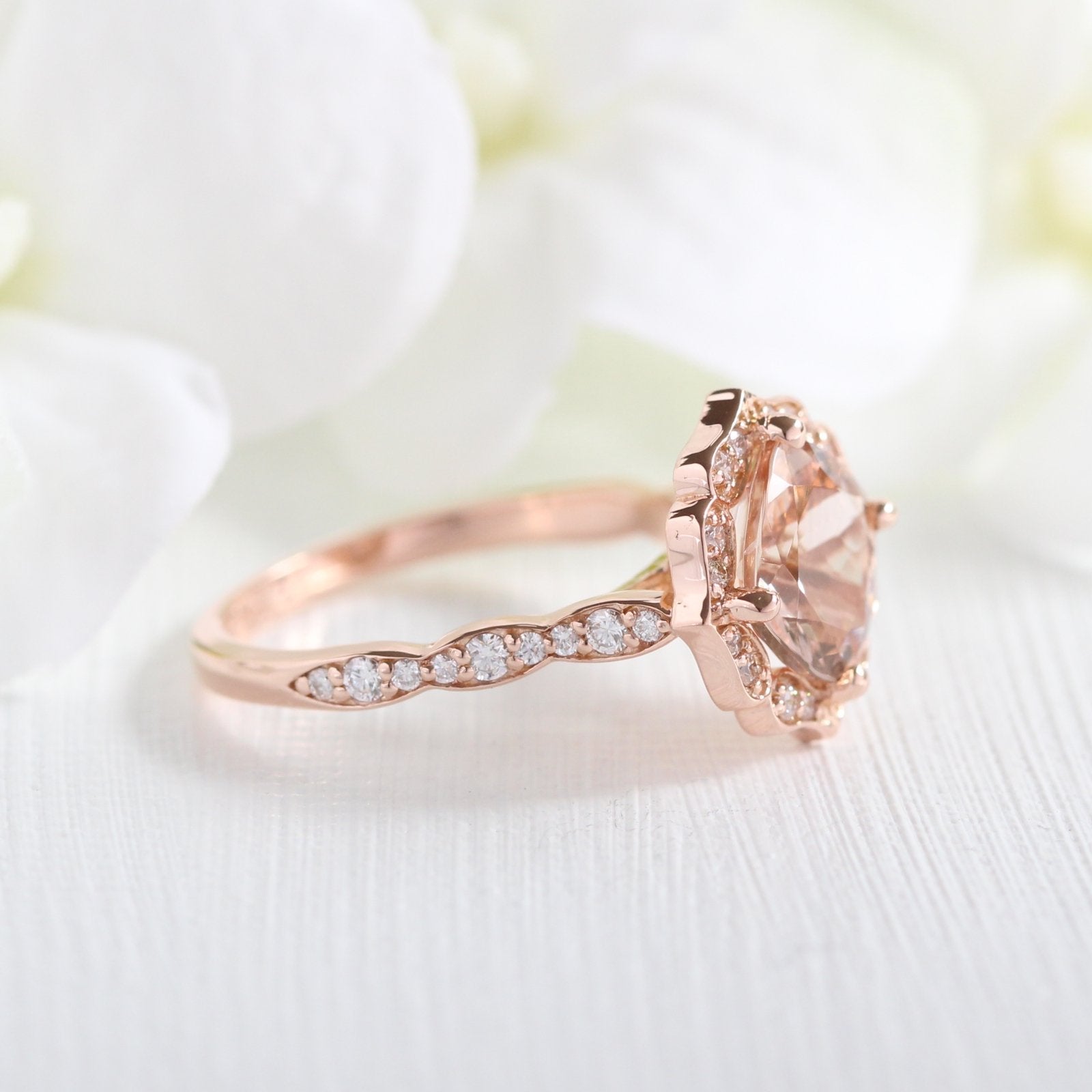 Vintage Floral Morganite Engagement Ring in Rose Gold Diamond Band | La ...