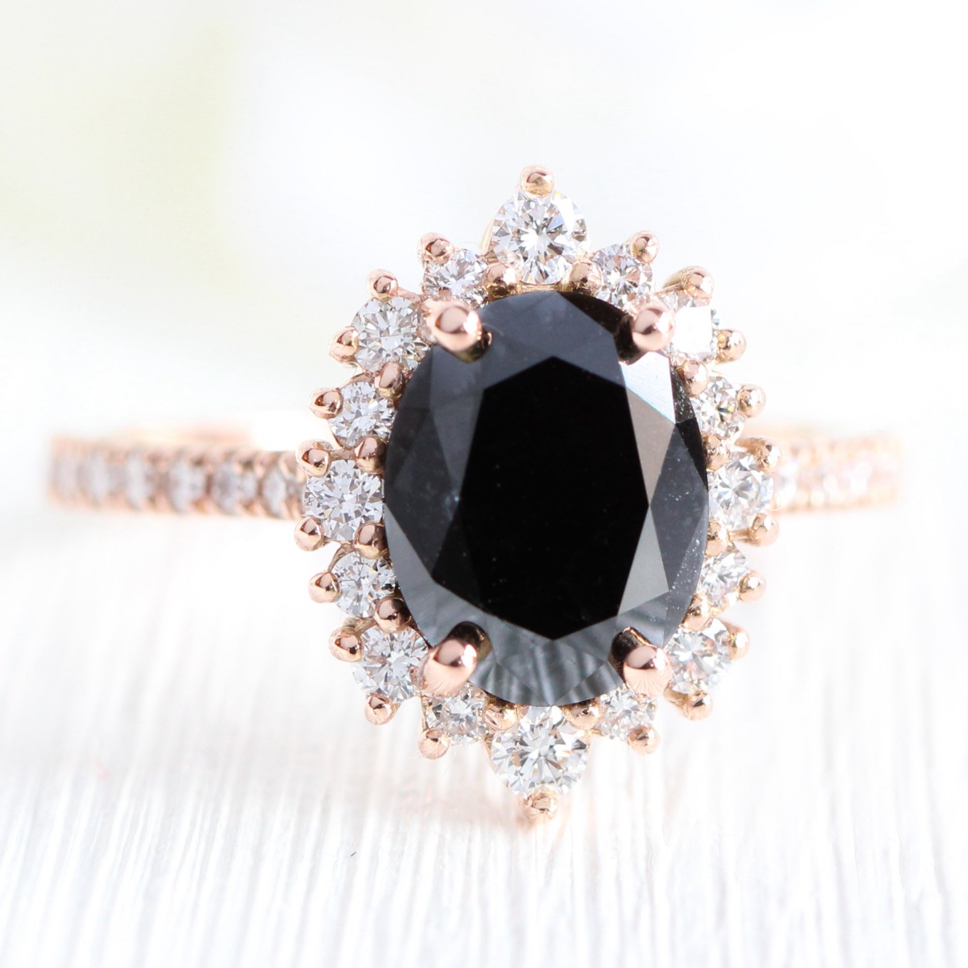 Large Black Diamond Engagement Ring Rose Gold Halo Diamond Cluster Ring by La More Design Jewelry