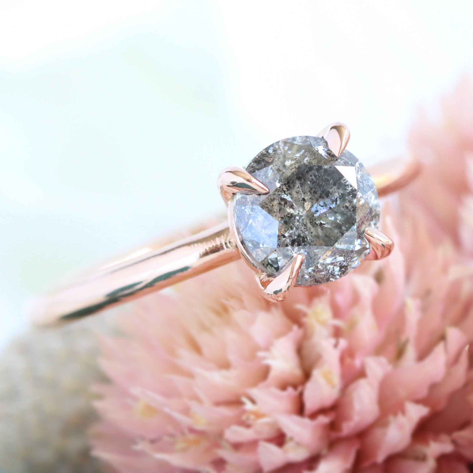 Large Salt and Pepper Diamond Engagement Ring Rose Gold Solitaire Grey Diamond Ring La More Design Jewelry