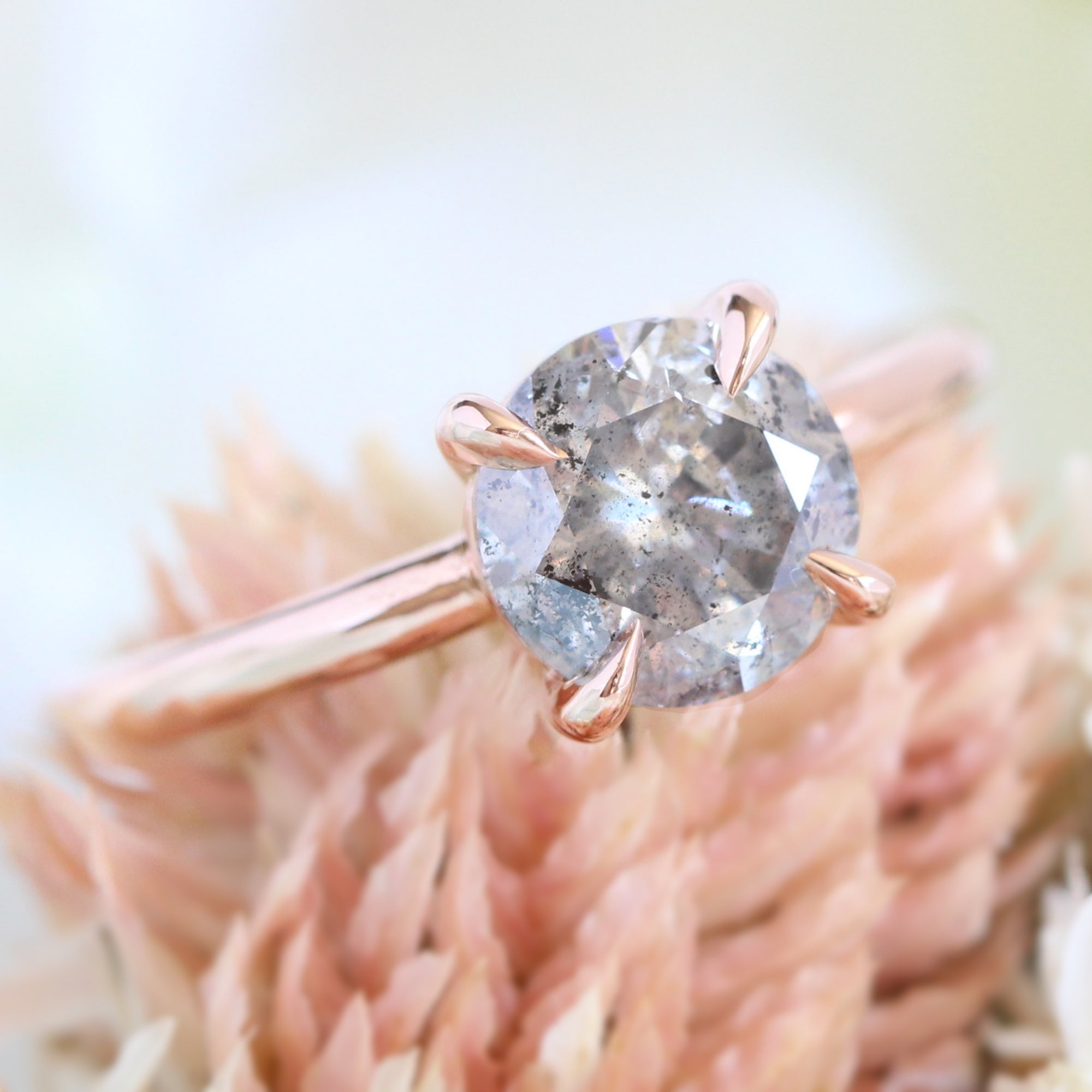 Large Salt and Pepper Diamond Engagement Ring Rose Gold Solitaire Grey Diamond Ring La More Design Jewelry