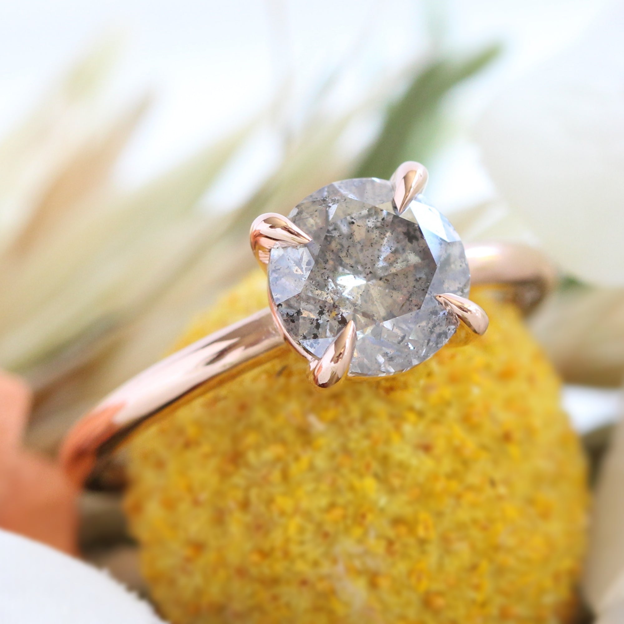 Large Salt and Pepper Diamond Engagement Ring Rose Gold Solitaire Grey Diamond Ring La More Design Jewelry