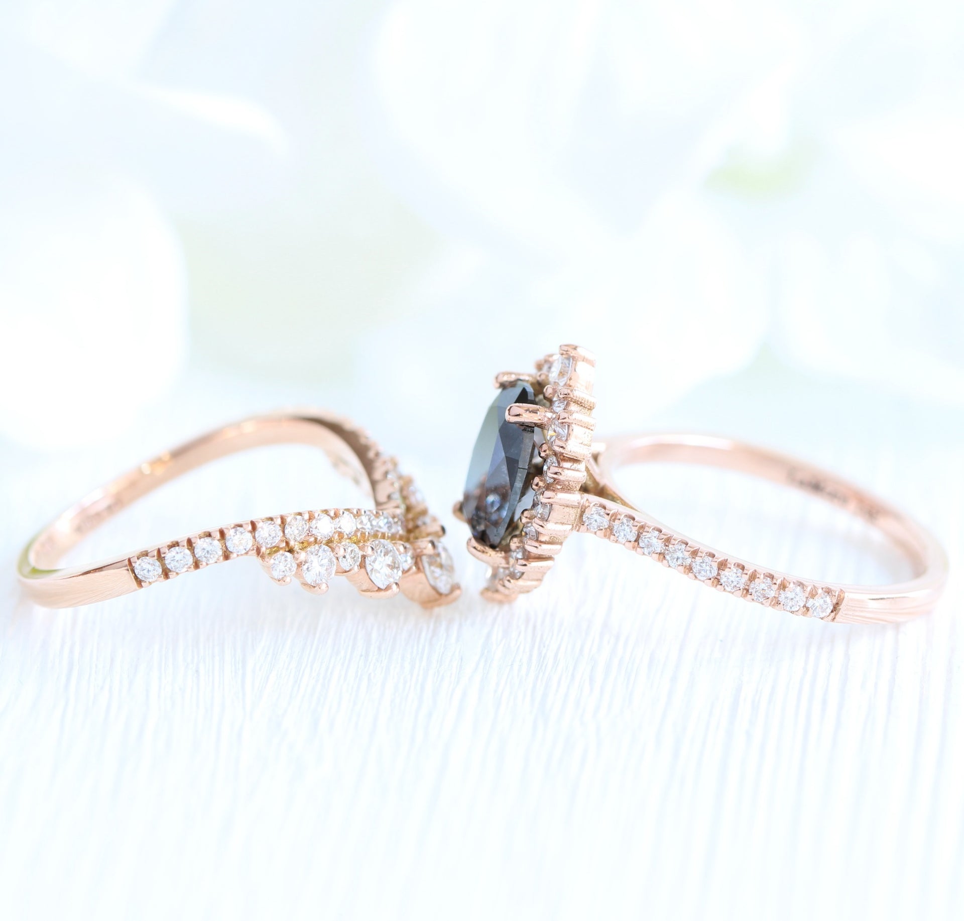 Large Black Diamond Ring Rose Gold V Shaped Diamond Wedding Band Set ...