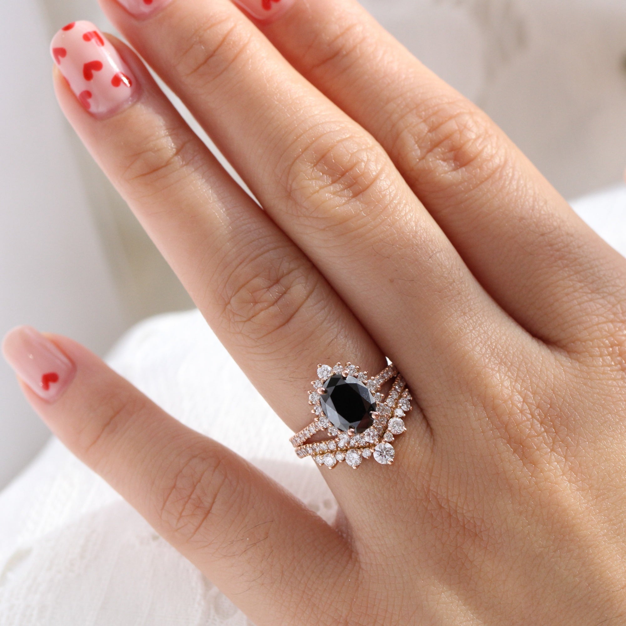 Large black diamond halo ring rose gold v shaped diamond wedding ring stack la more design jewelry