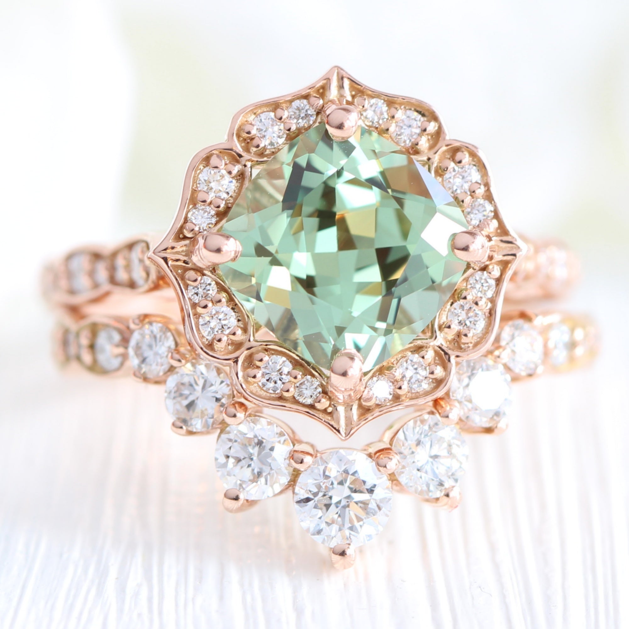 Large cushion green sapphire ring rose gold deep curved diamond wedding band la more design jewelry