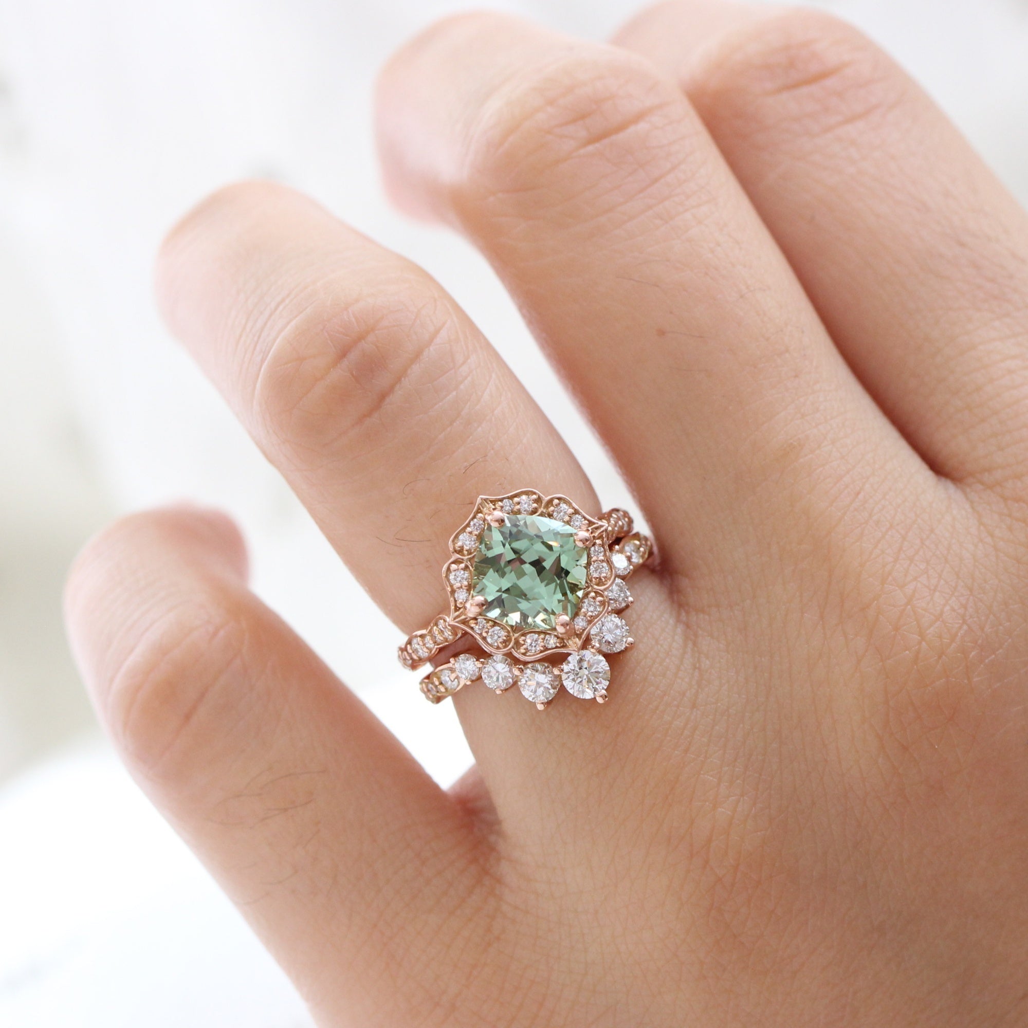 Large cushion green sapphire ring rose gold deep curved diamond wedding band la more design jewelry