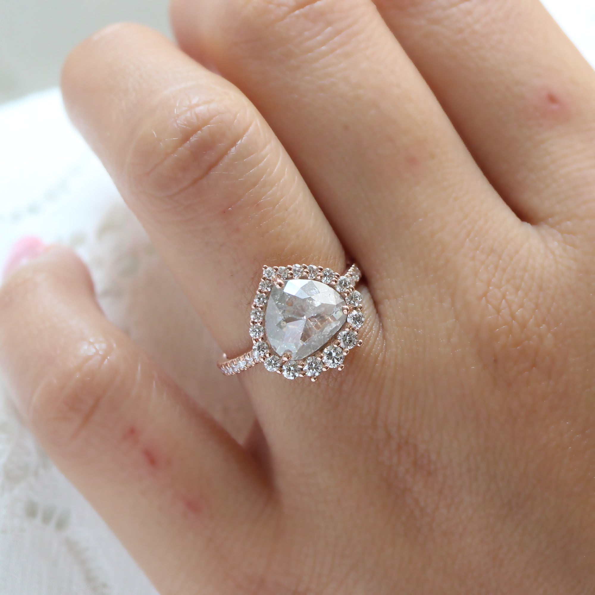 Large icy salt and pepper diamond ring rose gold halo diamond ring la more design jewelry