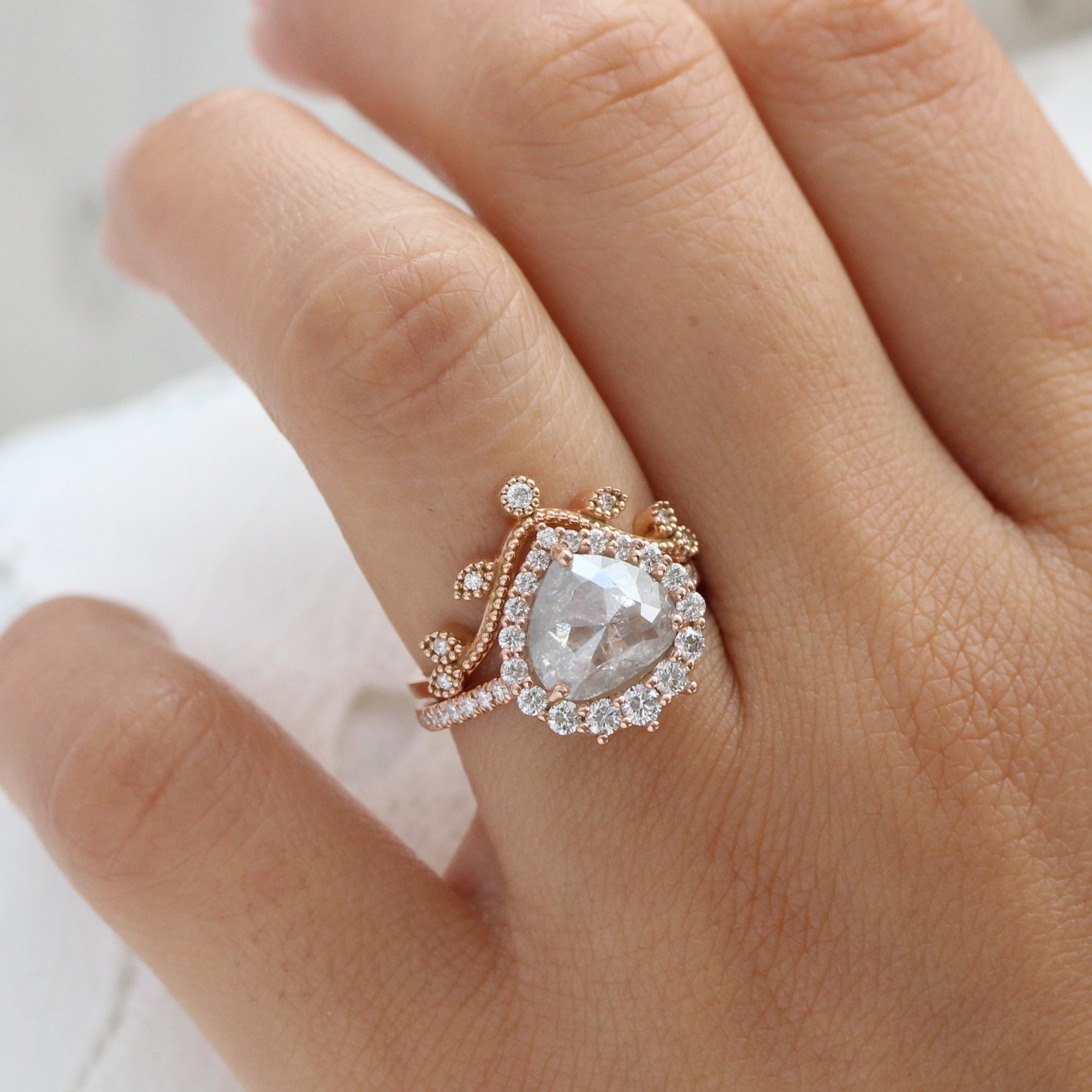 Large icy salt and pepper diamond ring rose gold halo diamond ring la more design jewelry