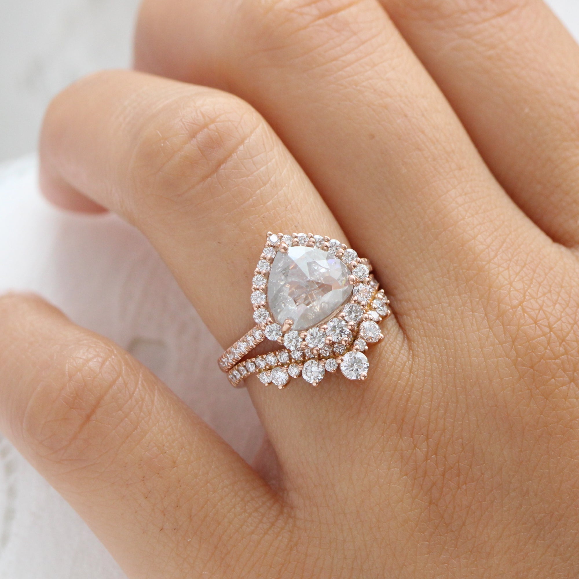 Large icy salt and pepper diamond ring rose gold halo diamond ring la more design jewelry