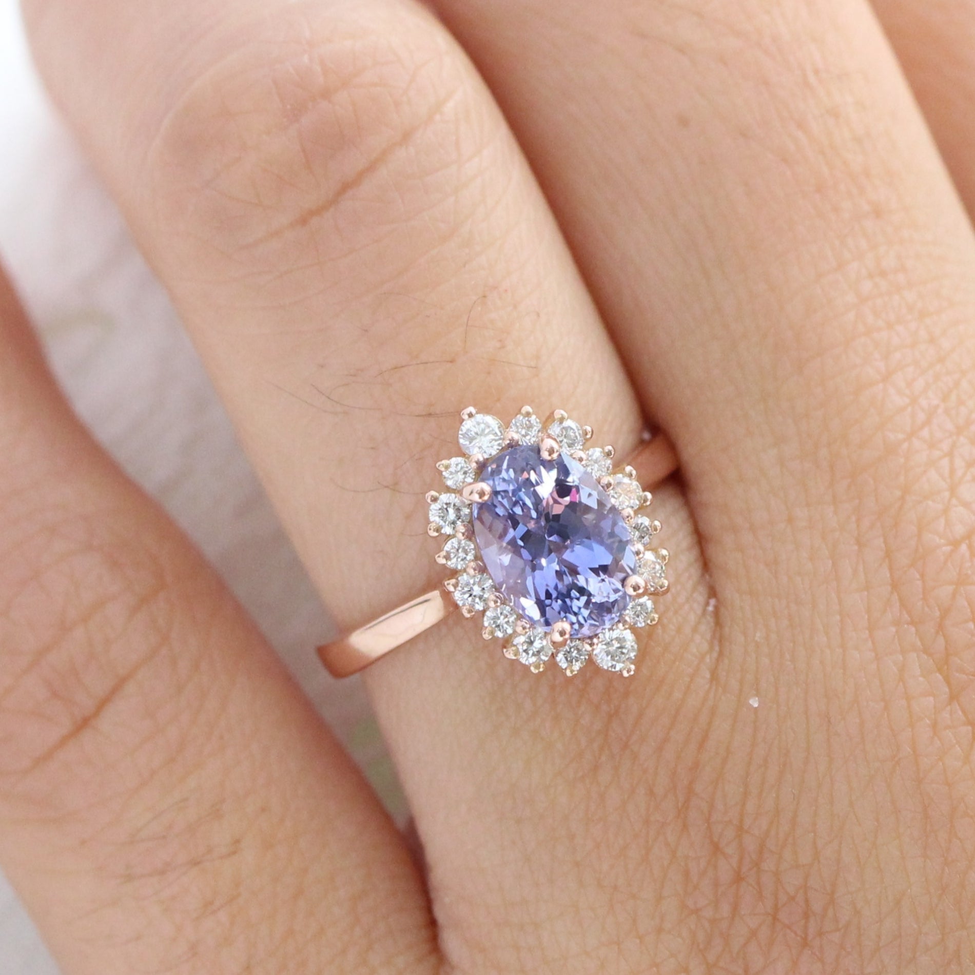 Large lavender purple sapphire ring rose gold halo diamond engagement ring la more design jewelry