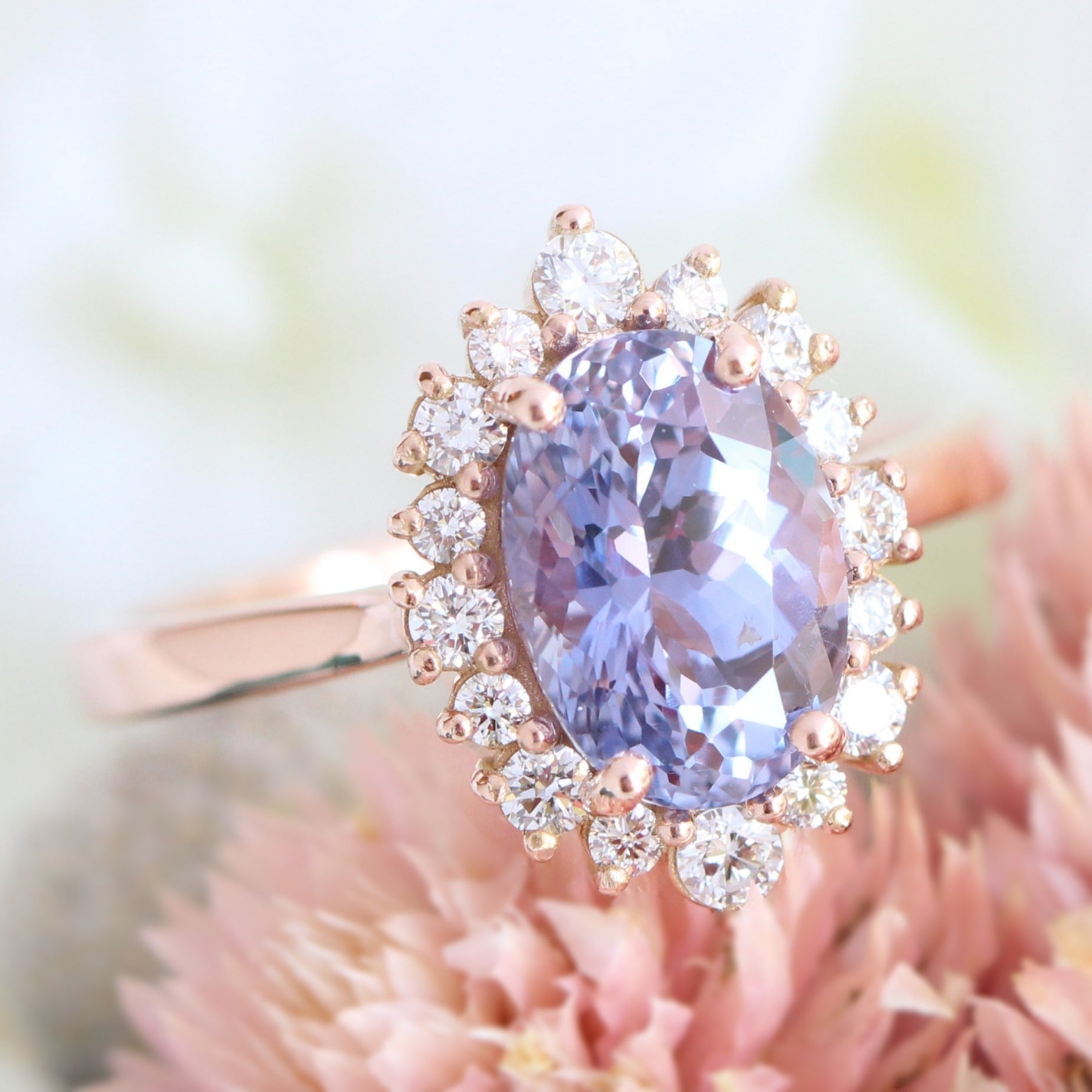 Large lavender purple sapphire ring rose gold halo diamond engagement ring la more design jewelry