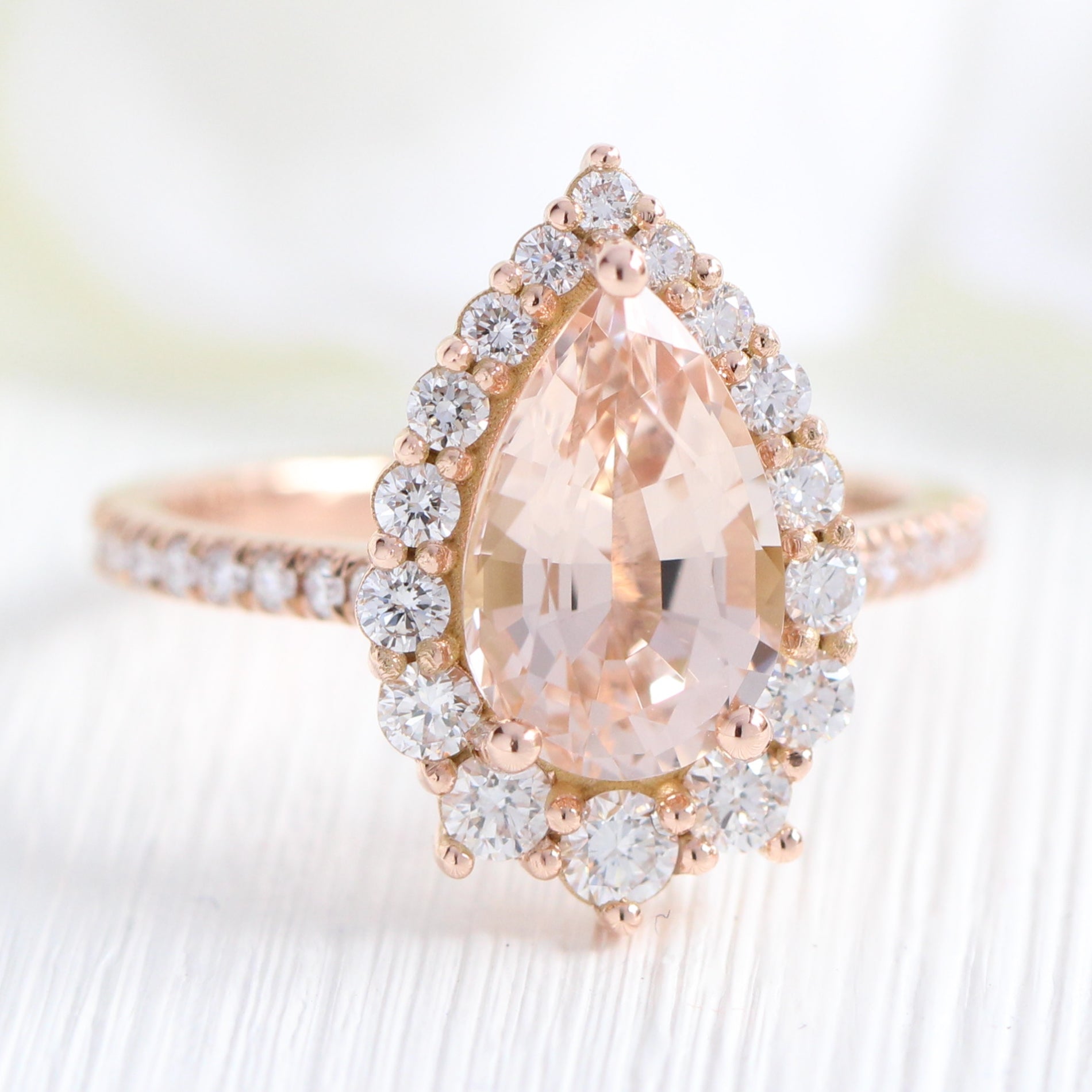 Large morganite ring rose gold halo diamond pear engagement ring la more design jewelry