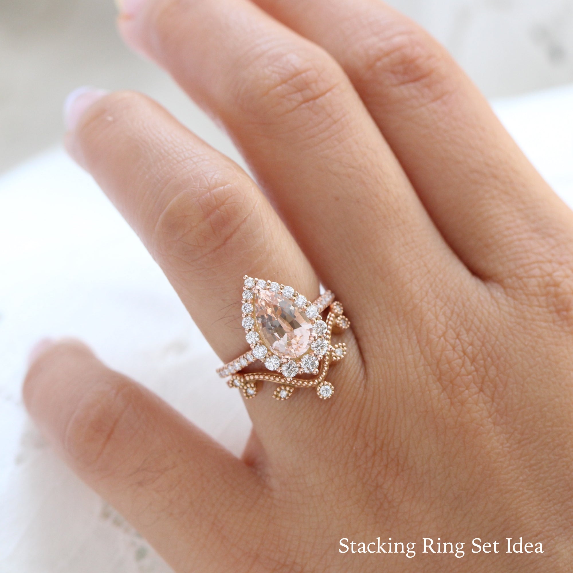 Large morganite ring rose gold halo diamond pear engagement ring la more design jewelry