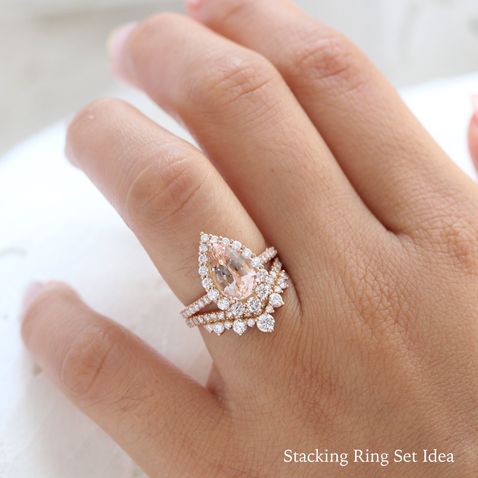 Large morganite ring rose gold halo diamond pear engagement ring la more design jewelry