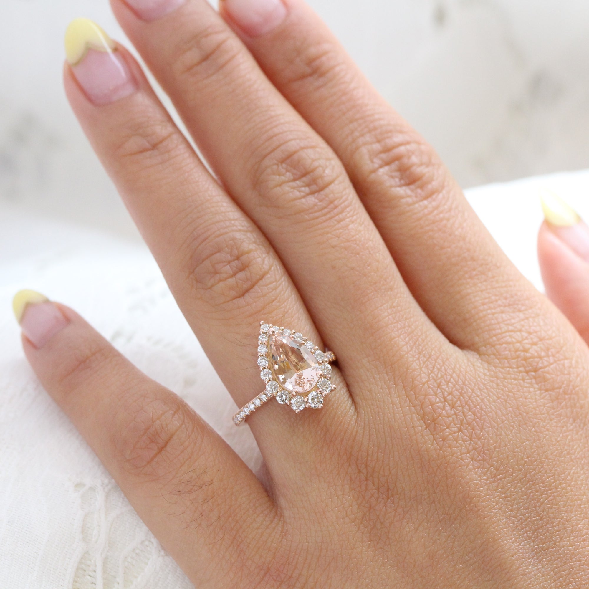 Large morganite ring rose gold halo diamond pear engagement ring la more design jewelry