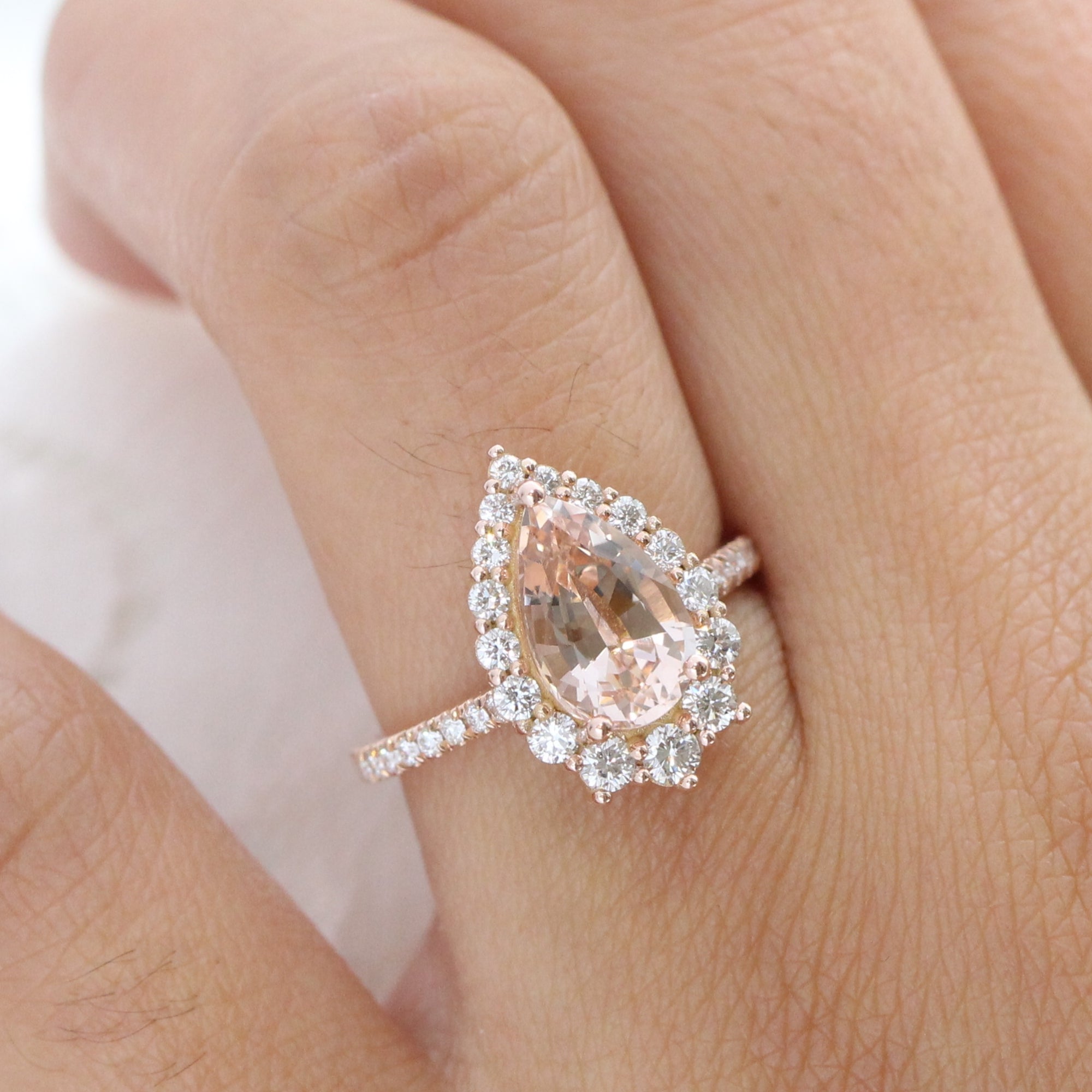 Large morganite ring rose gold halo diamond pear engagement ring la more design jewelry